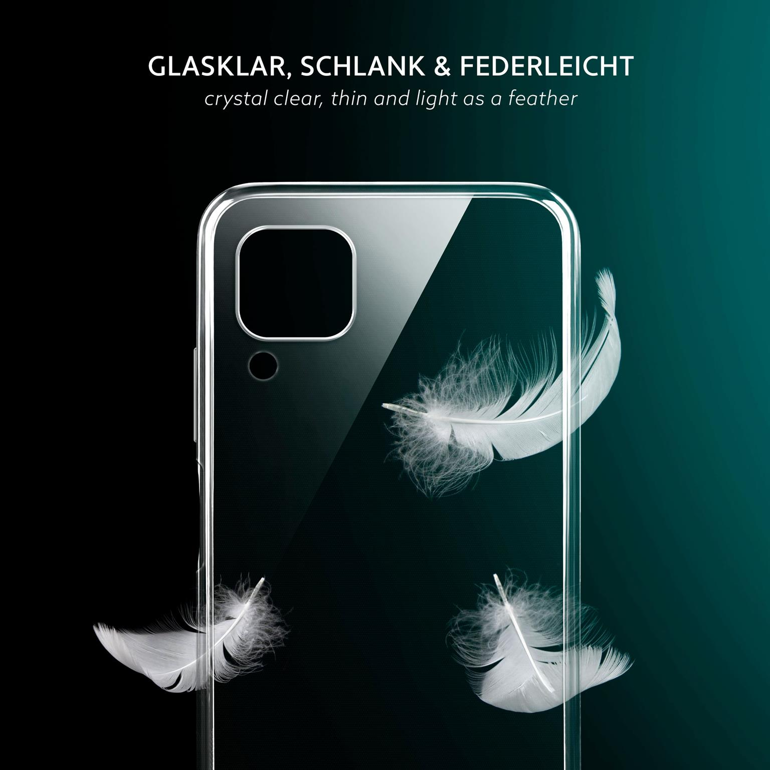 Transparente Handyhülle mit Federn. Text: 'glasklar, schlank und federleicht'. Dunkler Hintergrund.