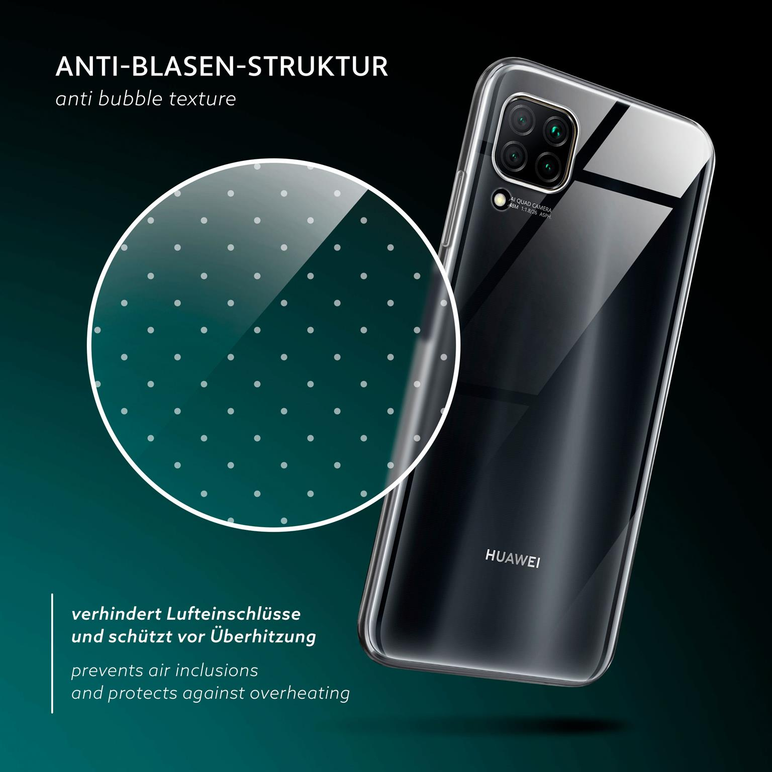 Eine transparente Handyhülle mit gepunktetem Muster und einem Telefon. Text: verhindert Lufteinschlüsse und Überhitzung.