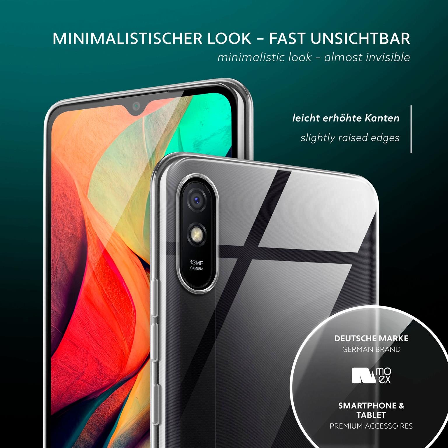 Zwei Handys mit transparenten Hüllen. Der Text sagt: minimalistischer Look, deutsche Marke, Smartphone-Zubehör.