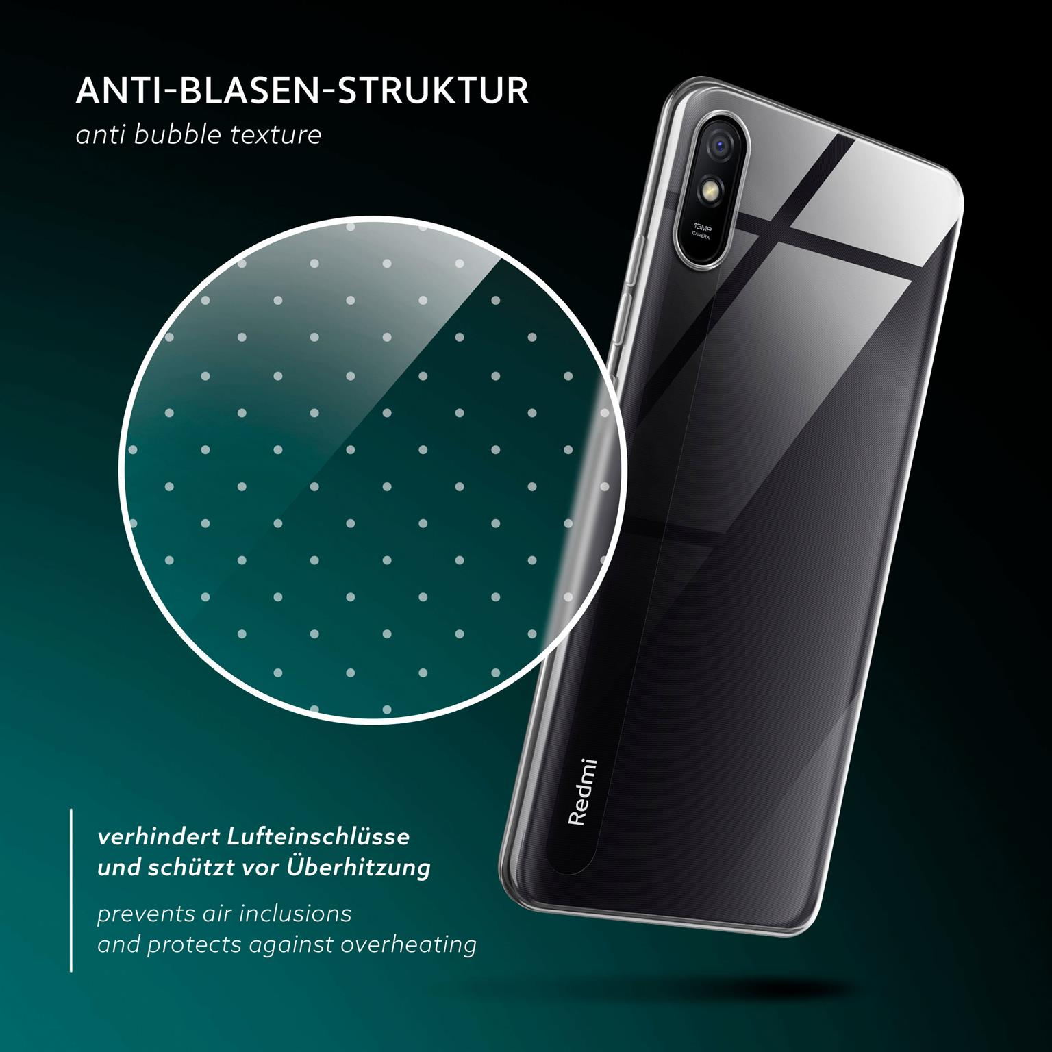 Telefon mit klarer Hülle. Klare, strukturierte Blasen auf der Hülle. Redmi-Text.