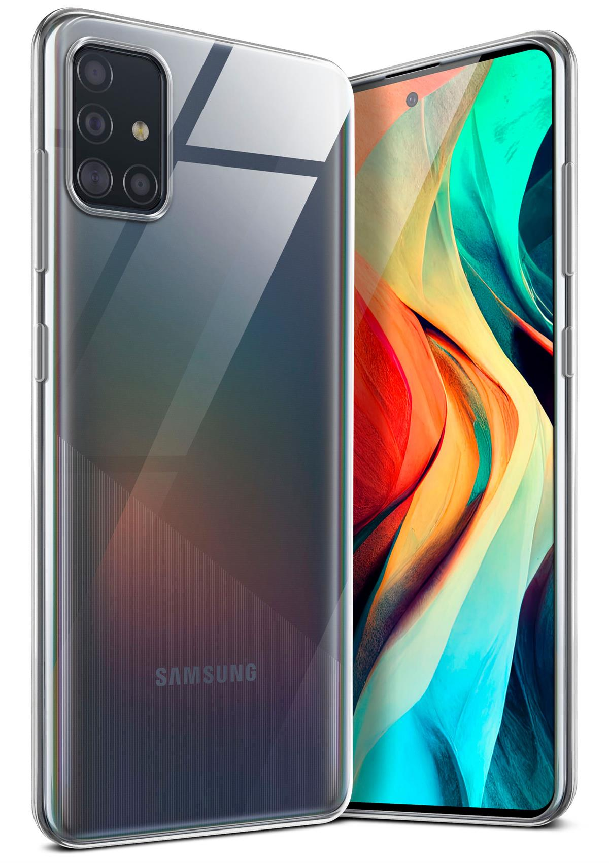 Transparente Handyhülle, Samsung-Telefon innen. Bunter abstrakter Hintergrund.