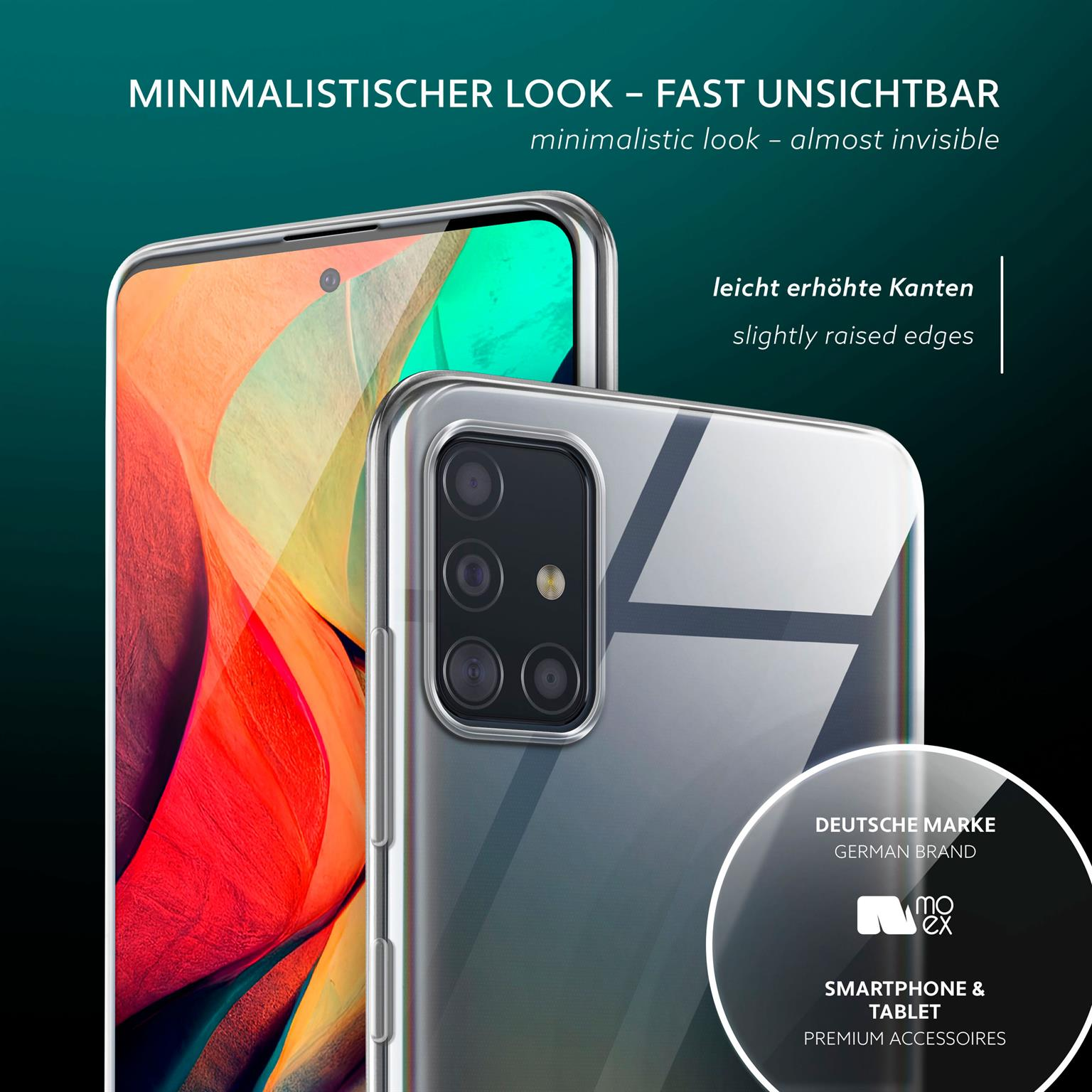 Ein Smartphone in einer transparenten Hülle, mit minimalistischem Design, auf dunklem Hintergrund mit Logo.