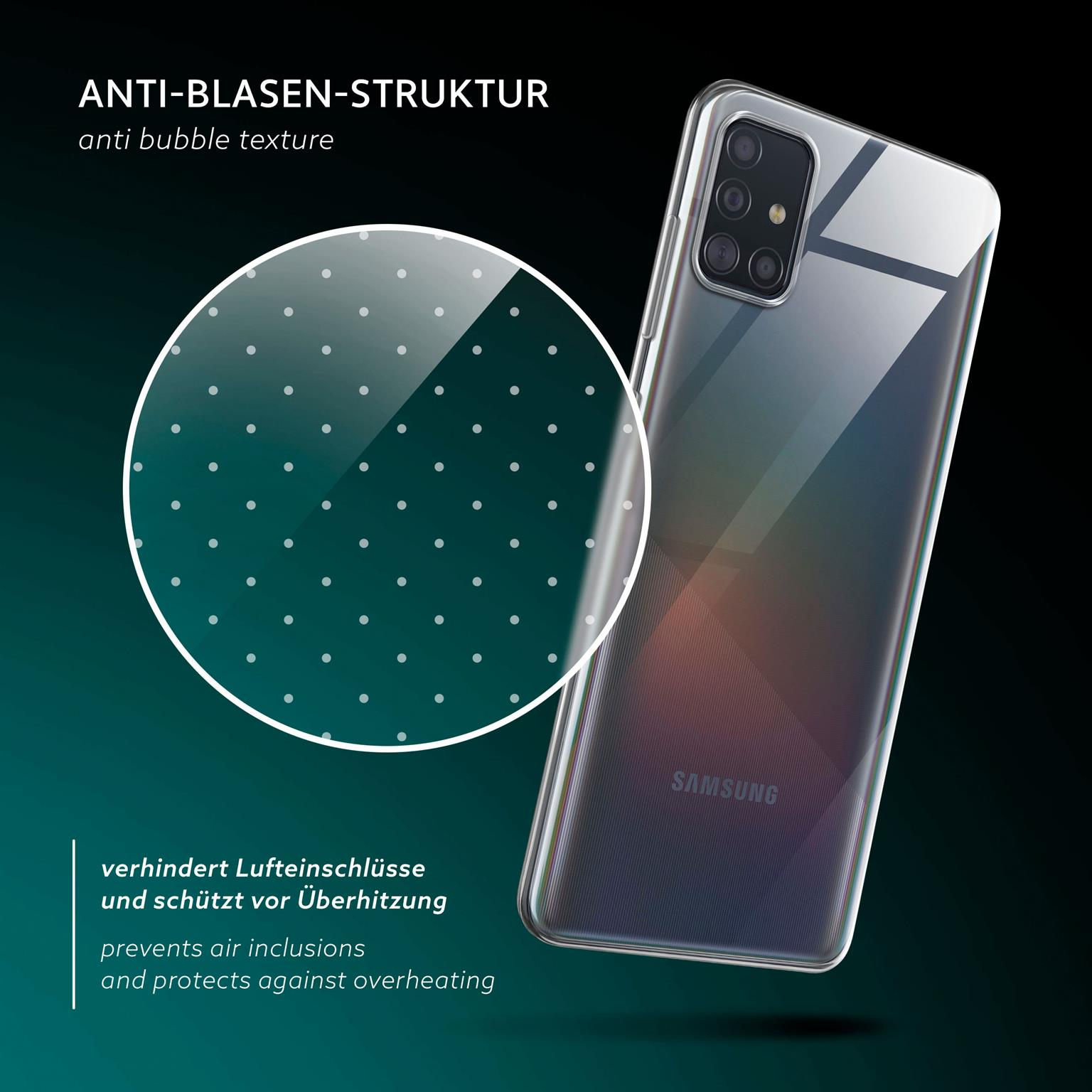 Transparente Handyhülle mit Anti-Blasen-Struktur, Telefon auf schwarzem Grund.