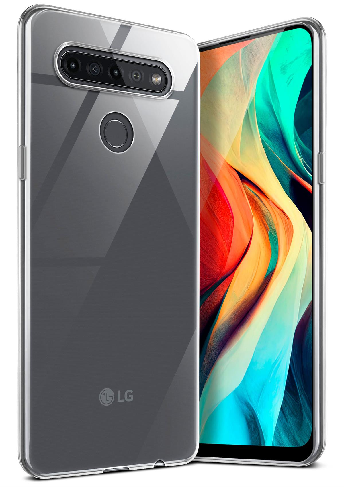 Transparente Handyhülle auf einem LG-Telefon. Der Bildschirm zeigt ein abstraktes, farbenfrohes Bild. Logo sichtbar.