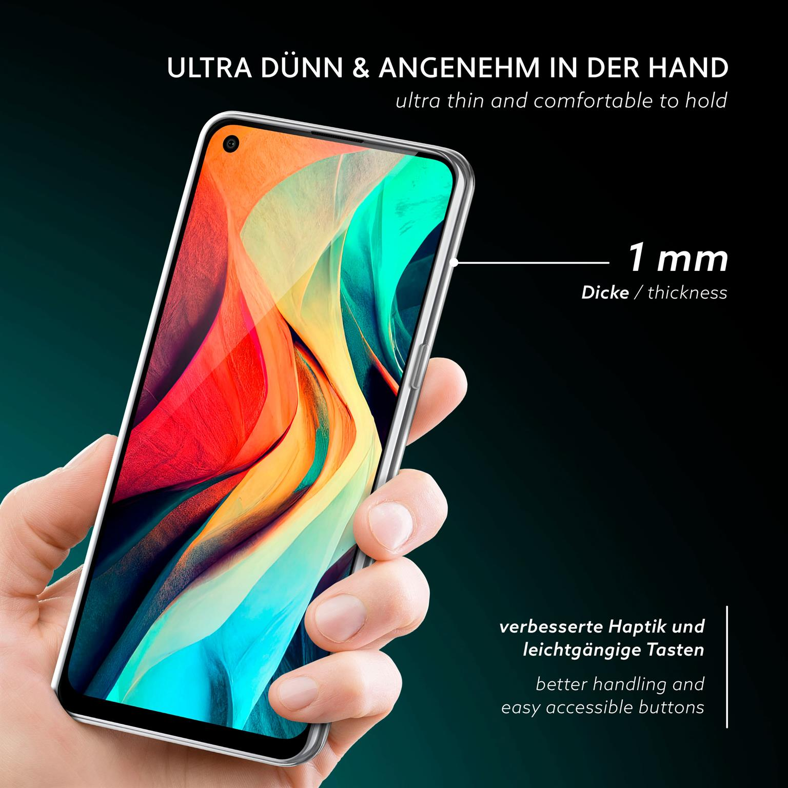 Eine Hand hält eine transparente Handyhülle. Die Hülle befindet sich auf einem Telefon mit farbenfrohem Bildschirm.