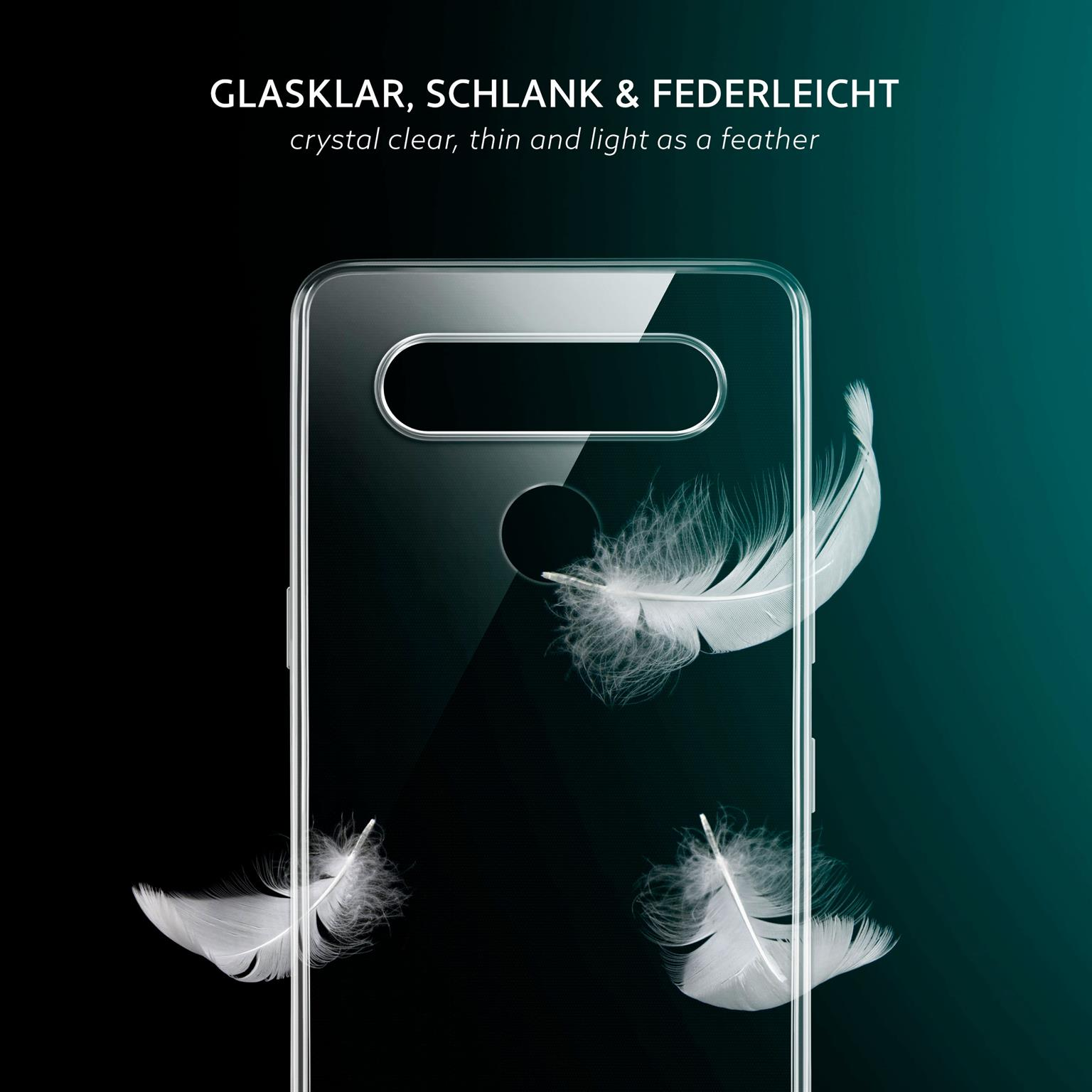 Transparente Handyhülle mit Federn auf tealfarbenem Hintergrund.