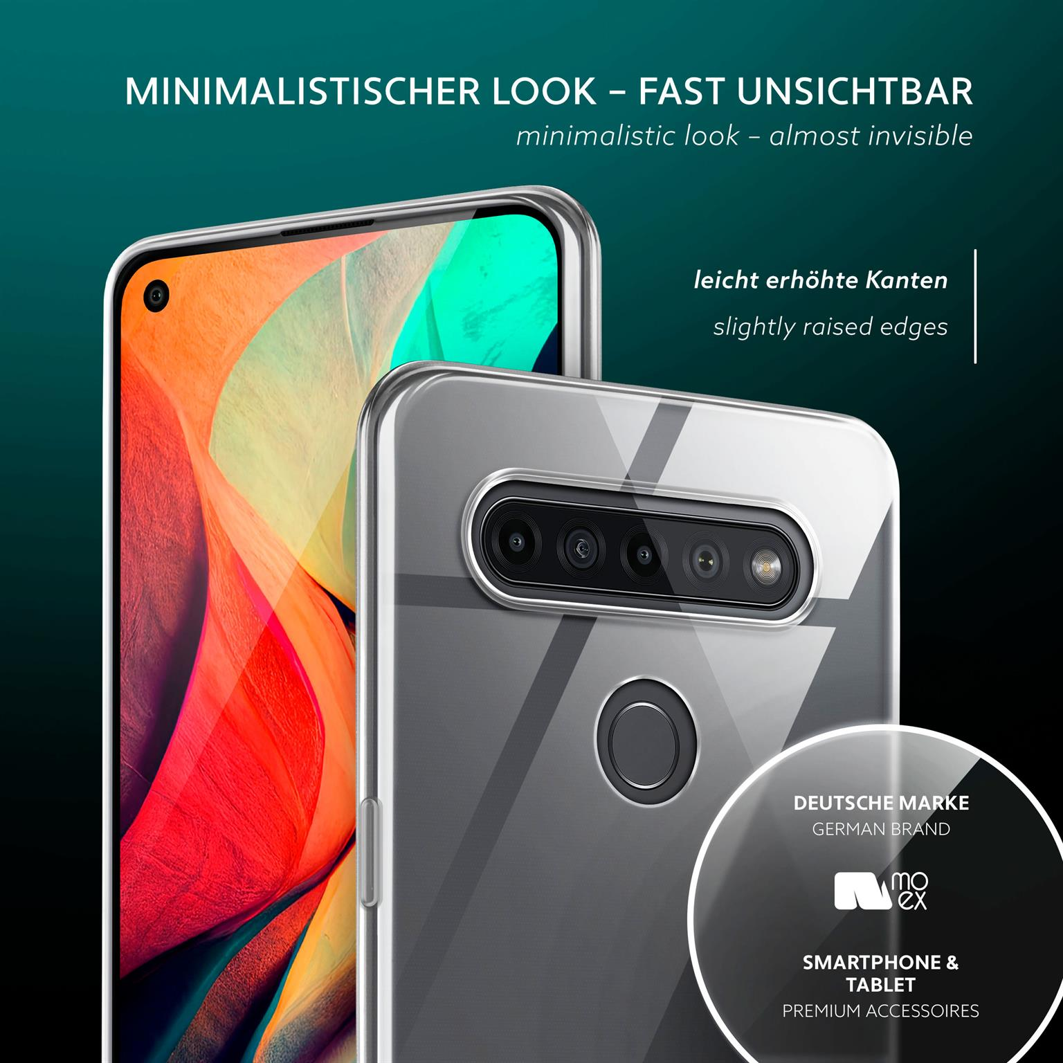 Klare Handyhülle auf einem Telefon, mit moex Logo. Die Hülle hat leicht erhöhte Kanten.