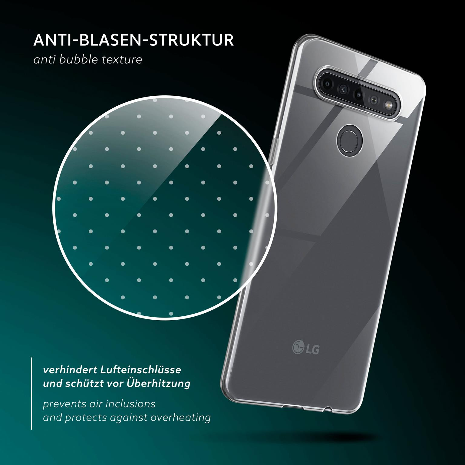 Transparente Handyhülle auf dunklem Hintergrund, Nahaufnahme einer Anti-Blasen-Struktur und LG-Logo.