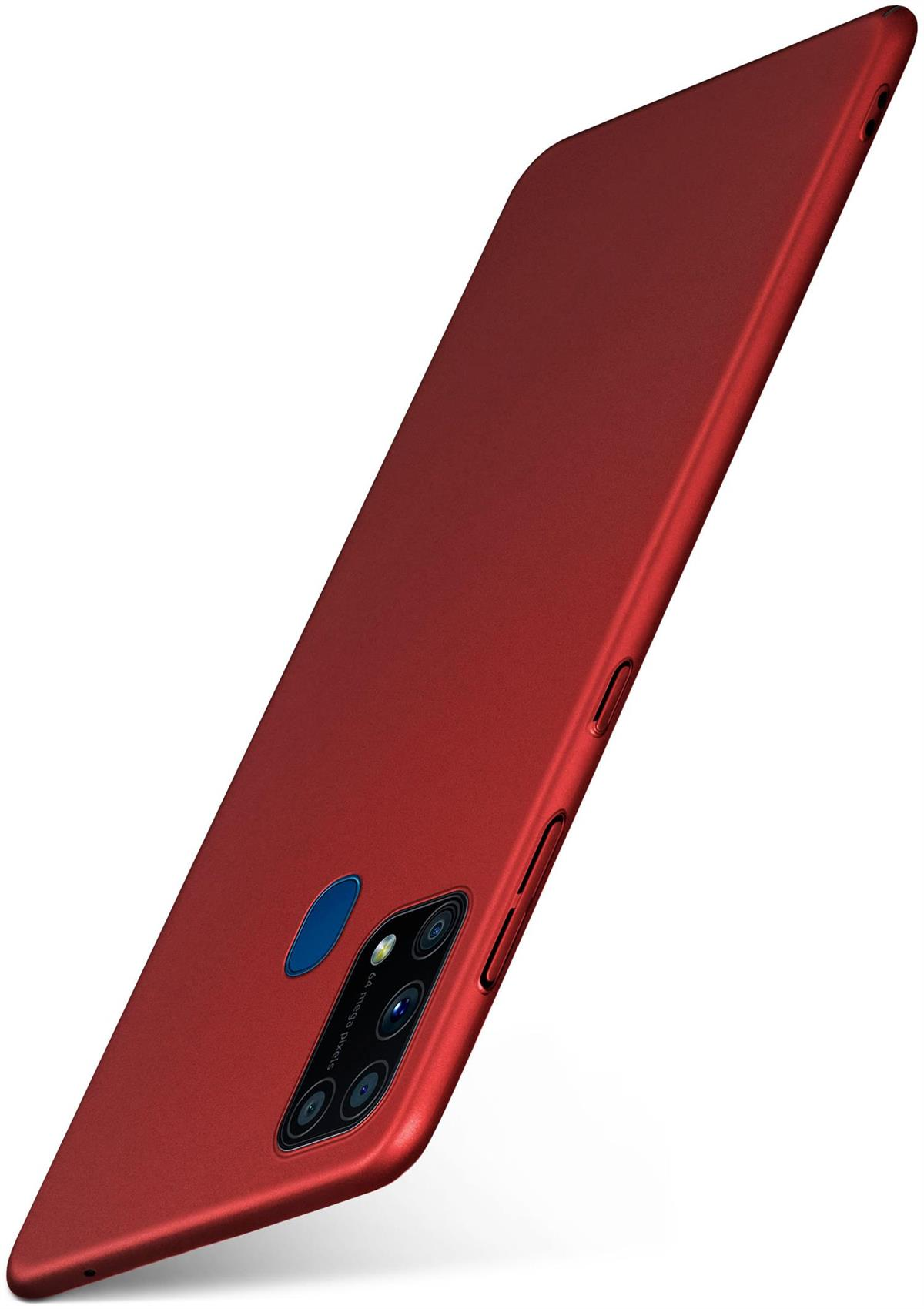 Rote Handyhülle mit Kamera. Schräge Ansicht, Telefon rechts.