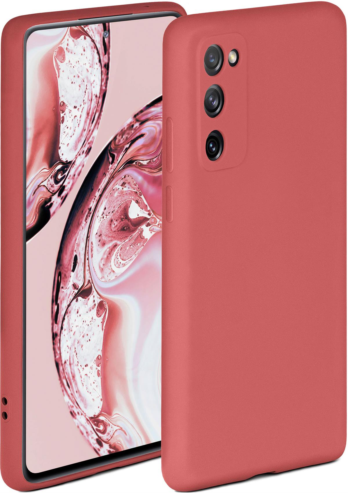 Eine rote Handyhülle. Das Telefon ist rot und hat eine Kamera auf der Rückseite.