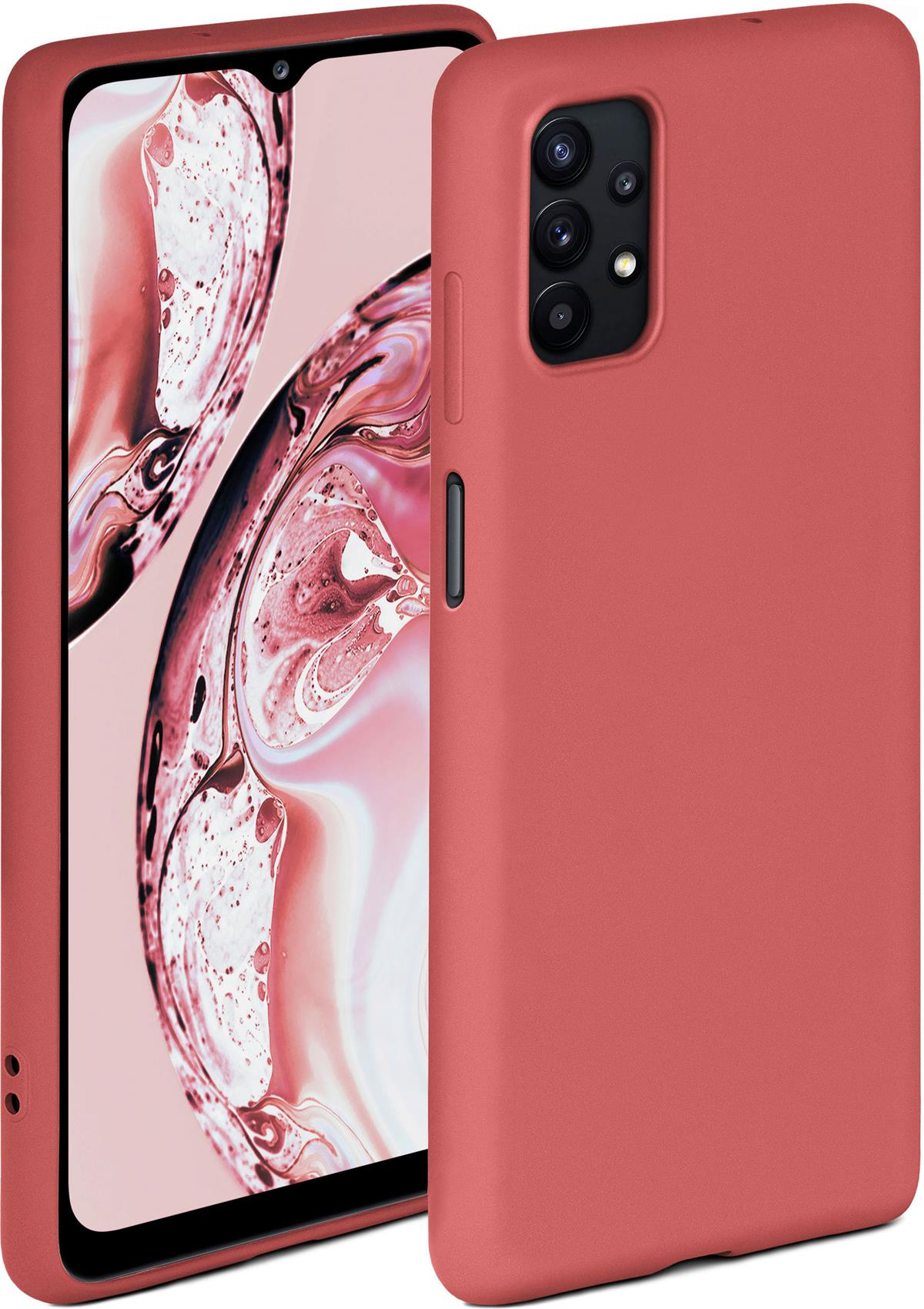 Zwei rote Handyhüllen mit Telefonen darin. Die Telefone haben mehrere Kameras.