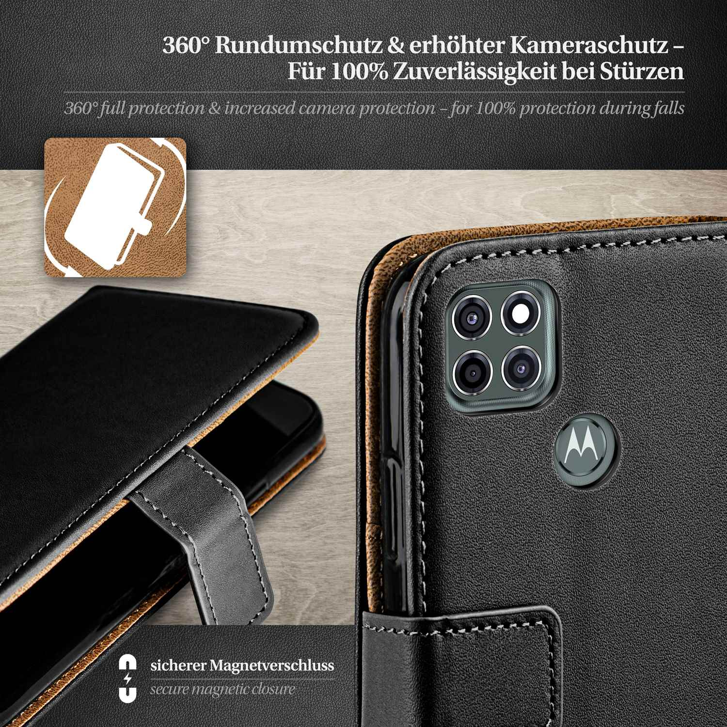 Schwarze Leder-Handyhülle mit Nähten und Magnetverschluss.