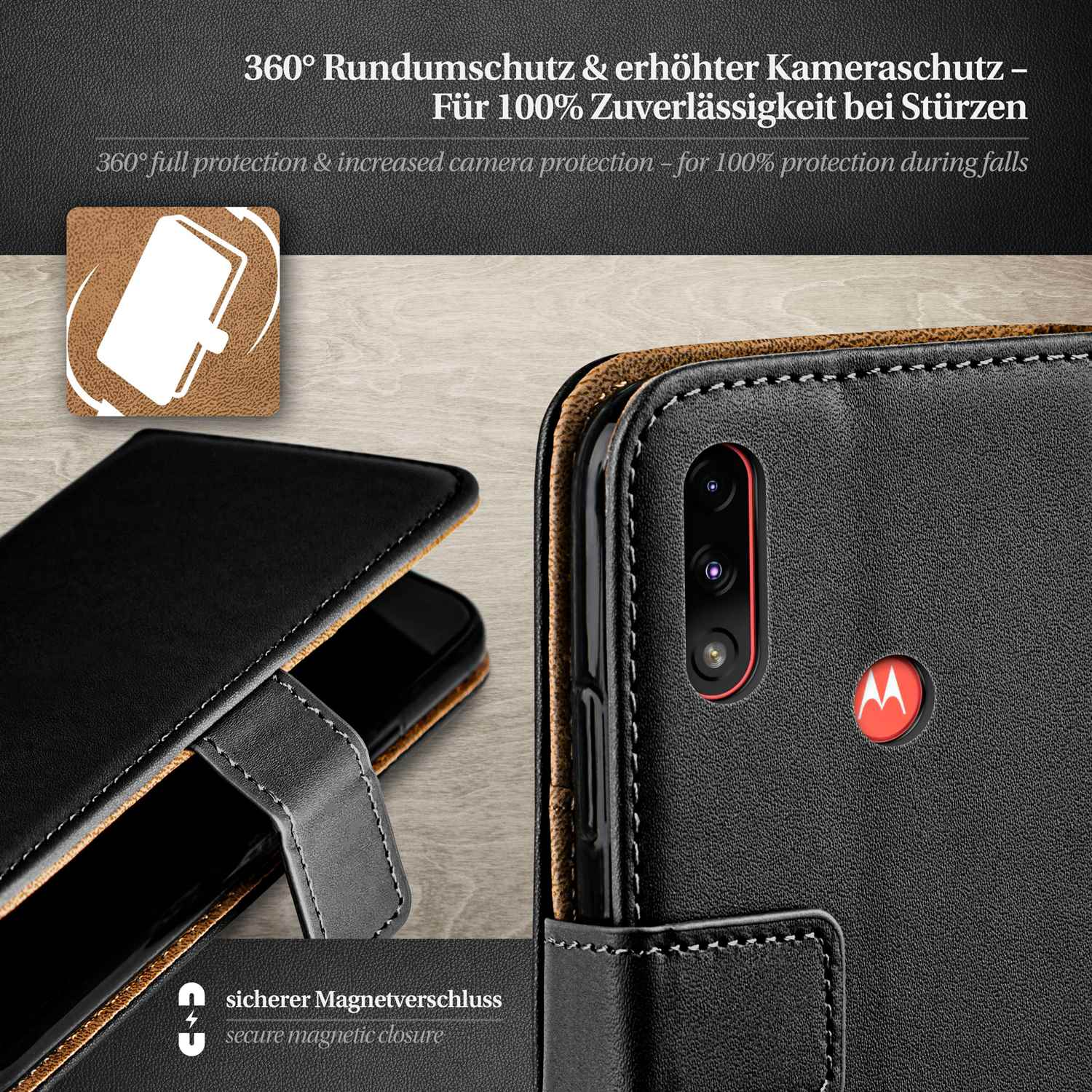 Nahaufnahme einer Handyhülle. Schwarzes Gehäuse. Text: 360° Schutz, erhöhter Kameraschutz bei Stürzen, sicherer Magnetverschluss.