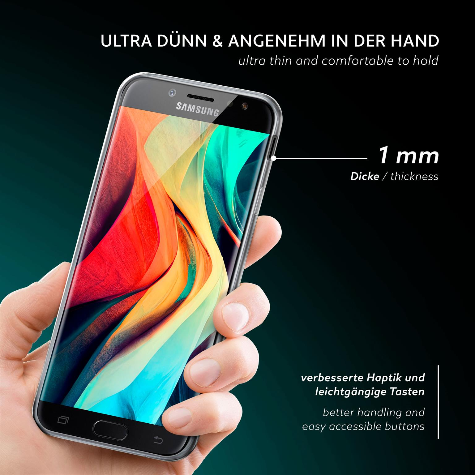 Eine Hand hält ein Smartphone in einer transparenten Hülle. Das Telefon ist schwarz und die Hülle ist transparent.