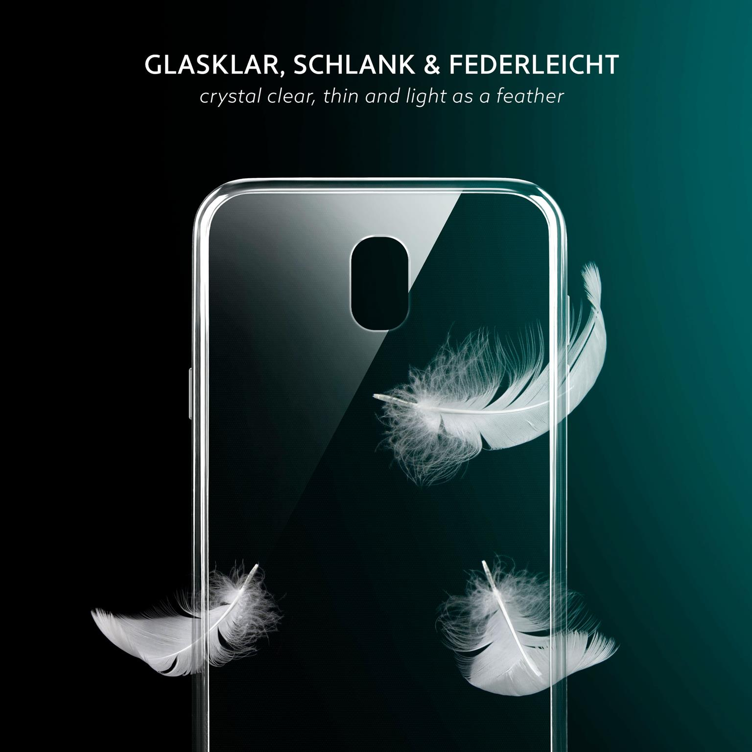 Transparente Handyhülle mit drei weißen Federn auf dunkelgrünem Hintergrund.