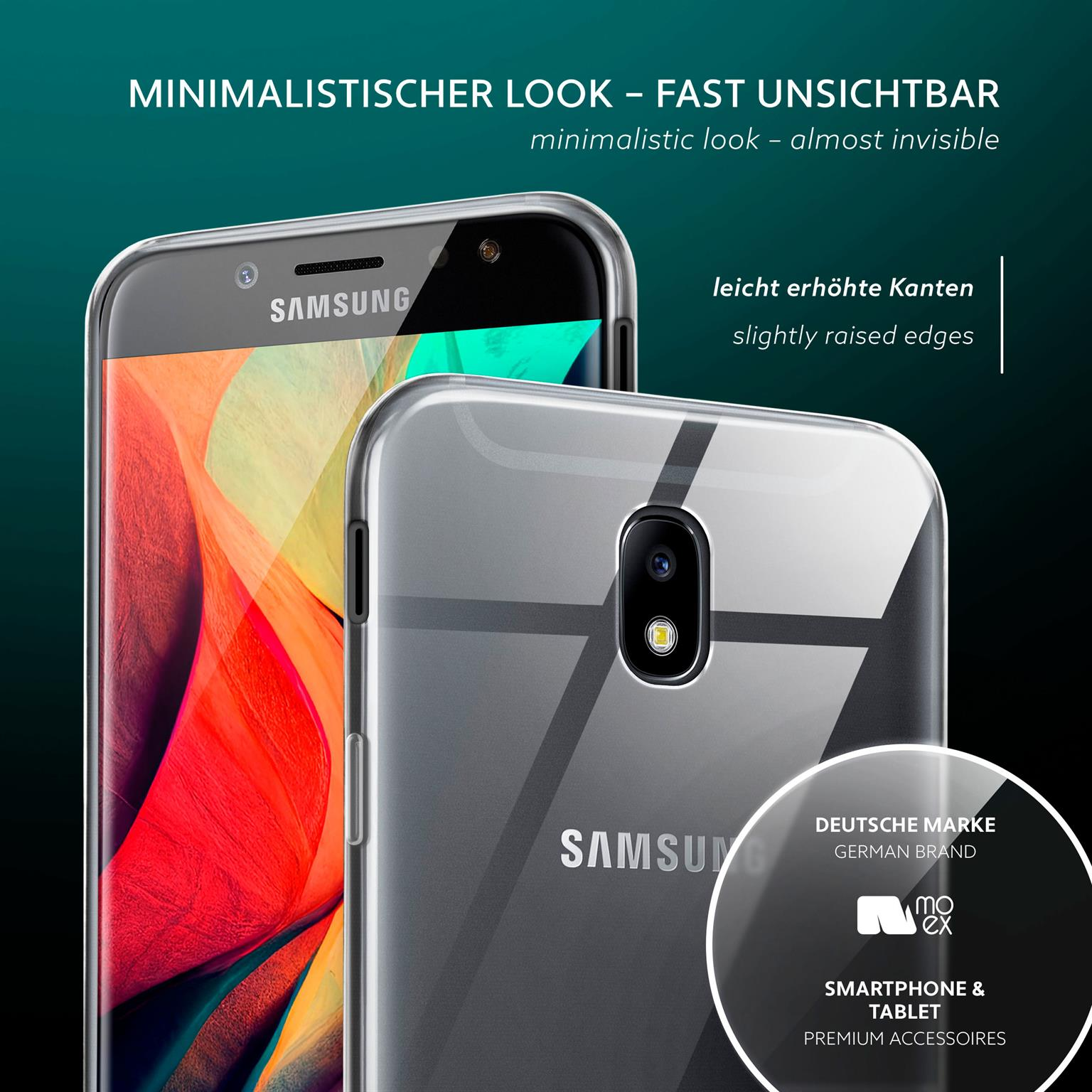 Transparente Handyhülle auf schwarzem Telefon. Erhöhte Kanten. Deutsches Markenlogo. Weißer Text.