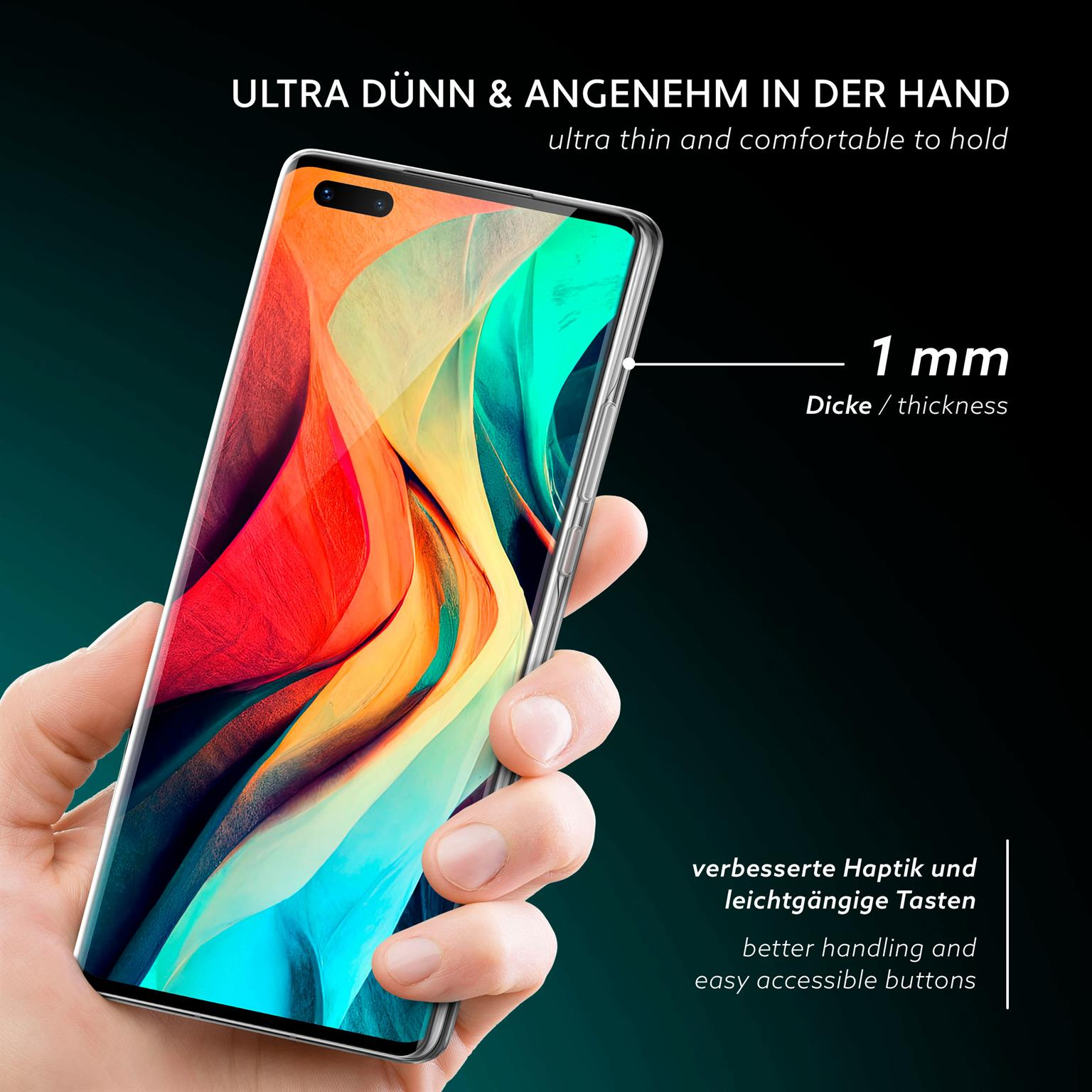 Hand hält Telefon mit farbigem Bildschirm. Text sagt, es ist dünn und bequem.