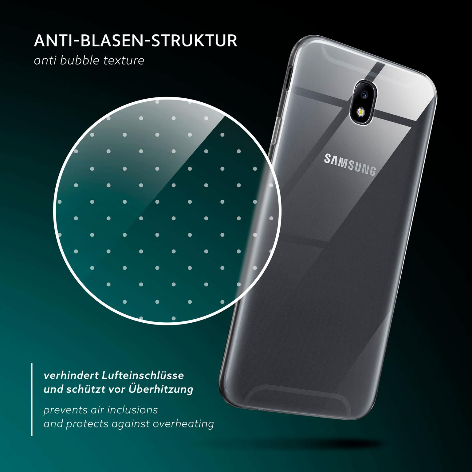 Klare Handyhülle auf schwarzem Telefon. Anti-Blasen-Struktur. Punkte auf der Hülle. Weißer Hintergrund.