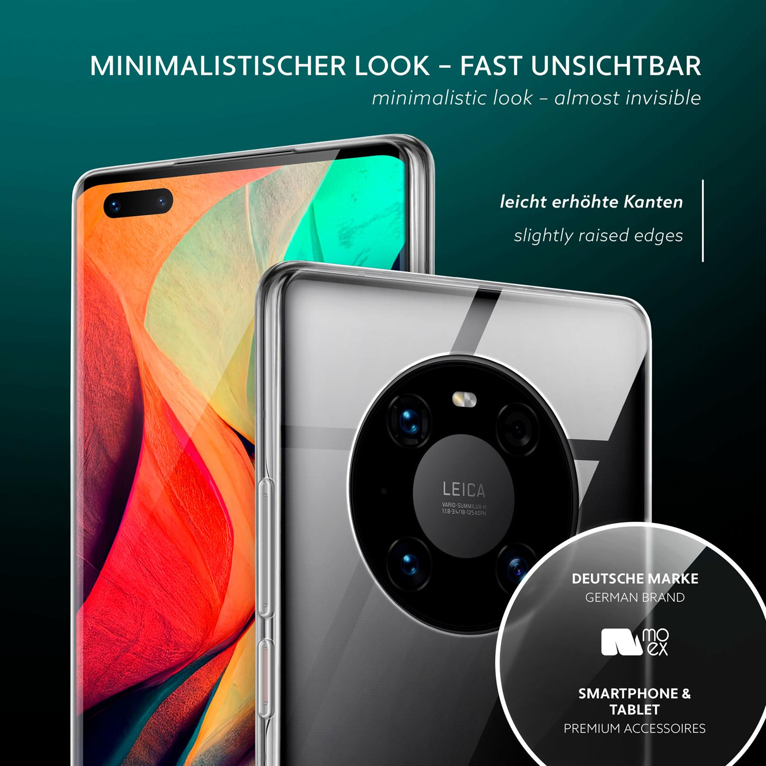 Zwei Telefone mit transparenten Hüllen, Leica Kamera, schwarzer Hintergrund.
