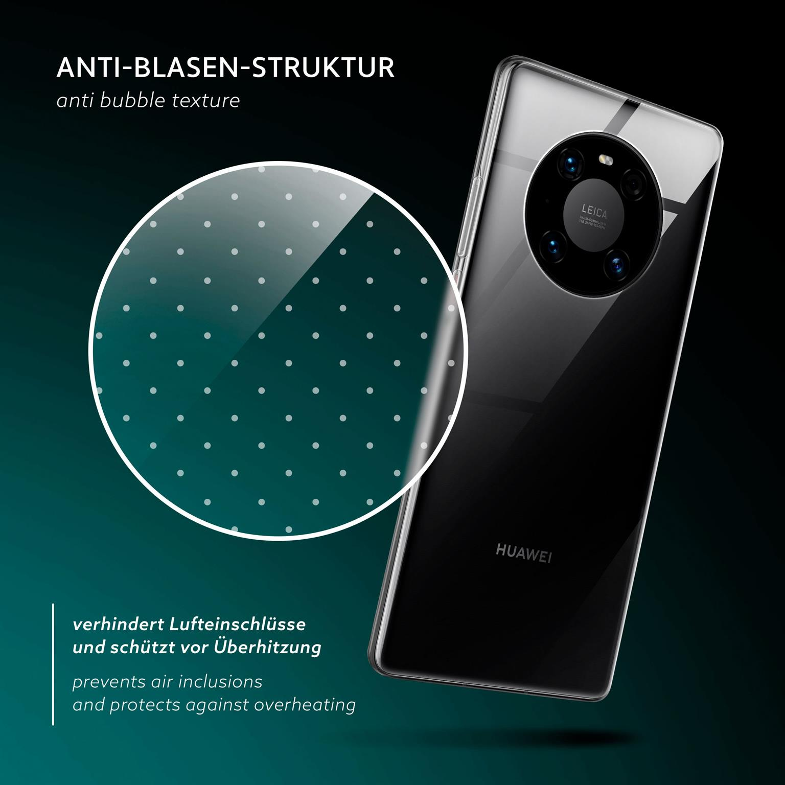 Telefon mit klarer Hülle mit Blasenstruktur. Text erklärt den Anti-Blasen- und Überhitzungsschutz.