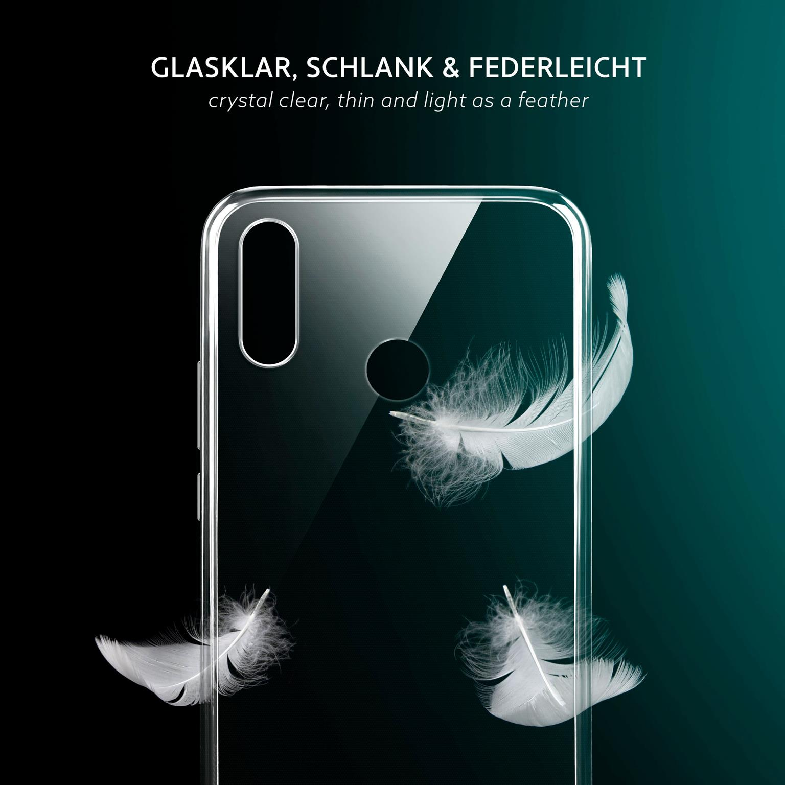 Transparente Handyhülle mit Federn auf dunklem Hintergrund.
