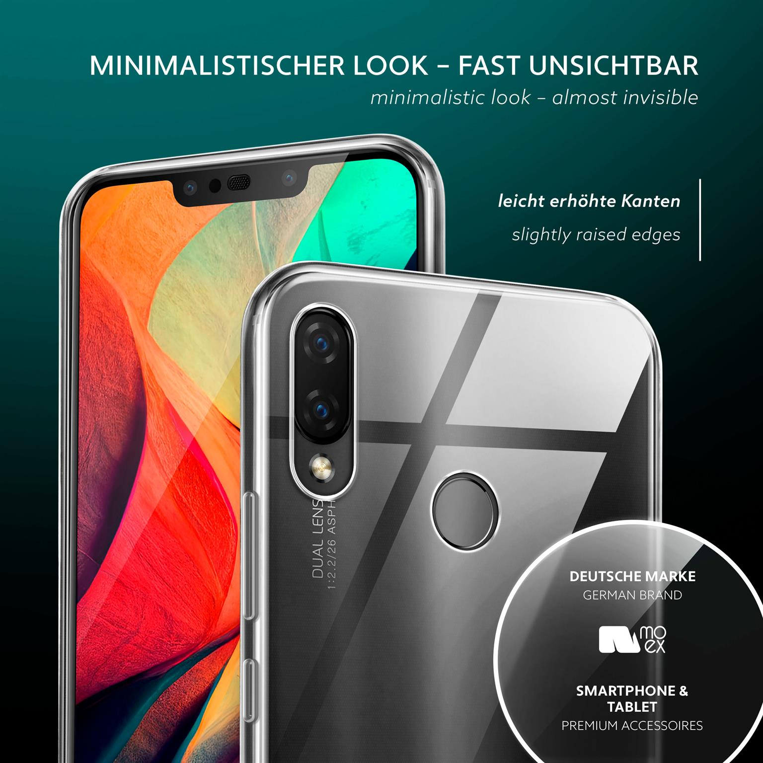Zwei Telefone mit klarer Hülle. Text erwähnt minimalistischen Look, leicht erhöhte Kanten, Logo.