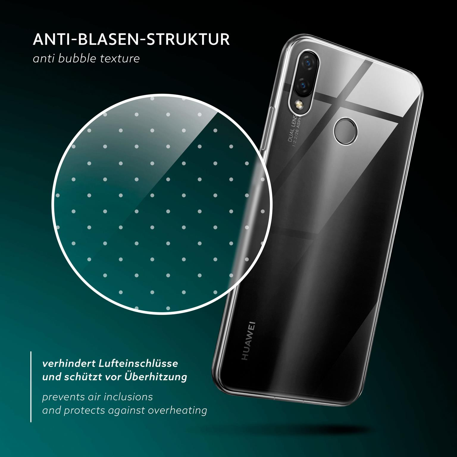 Transparente Handyhülle mit gepunktetem Muster auf blauem Telefon. Dunkler Hintergrund mit weißem Kreis.