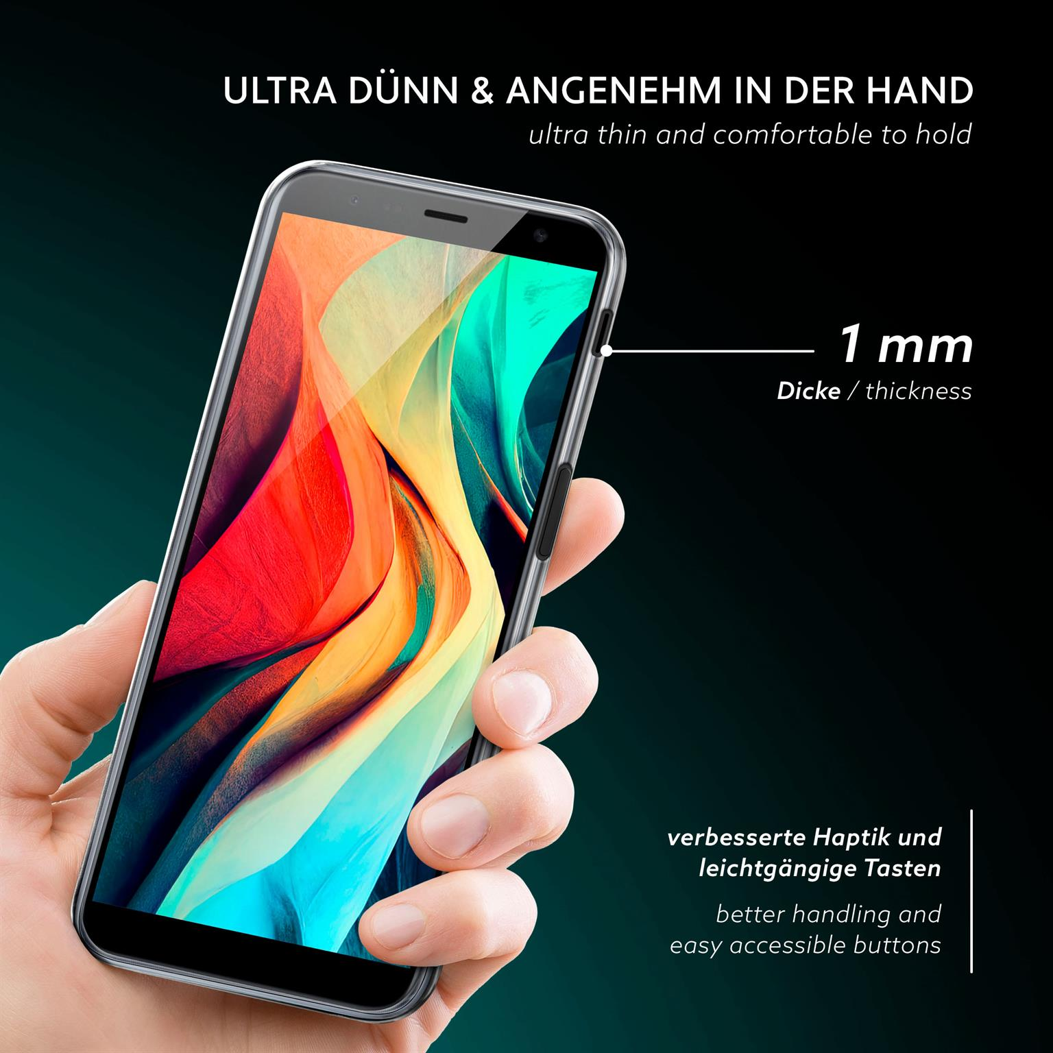 Hand hält Telefon mit klarer Hülle; Text zeigt 1 mm Dicke.