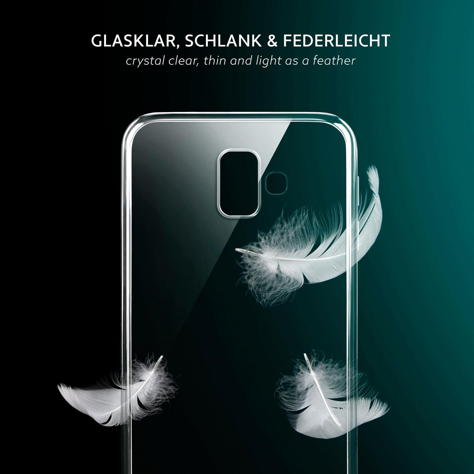 Ein Telefon in einer transparenten Hülle mit schwebenden Federn. Dunkler Hintergrund mit Text über die Hülle.