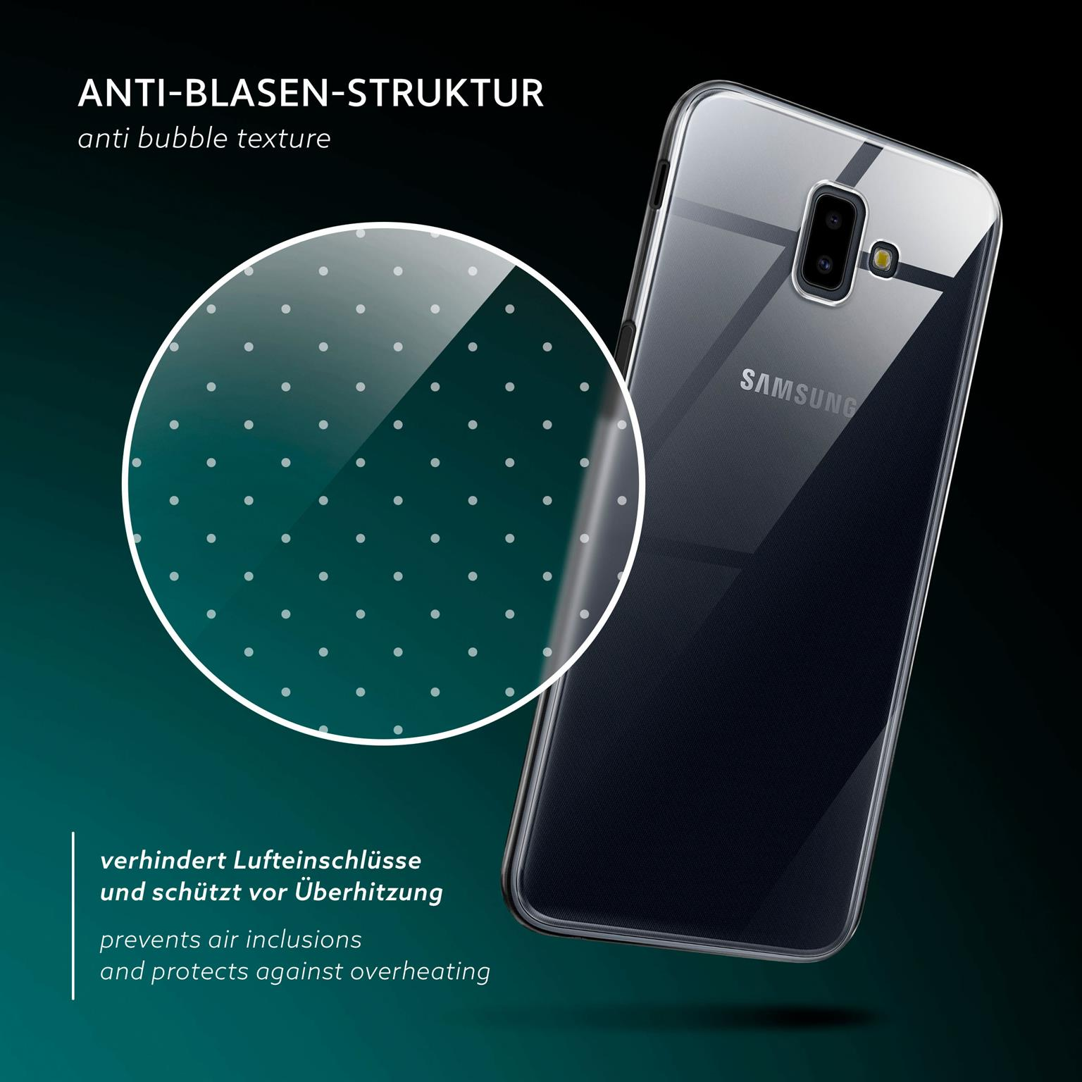 Eine Handyhülle mit Anti-Blasen-Textur. Das Telefon ist schwarz.