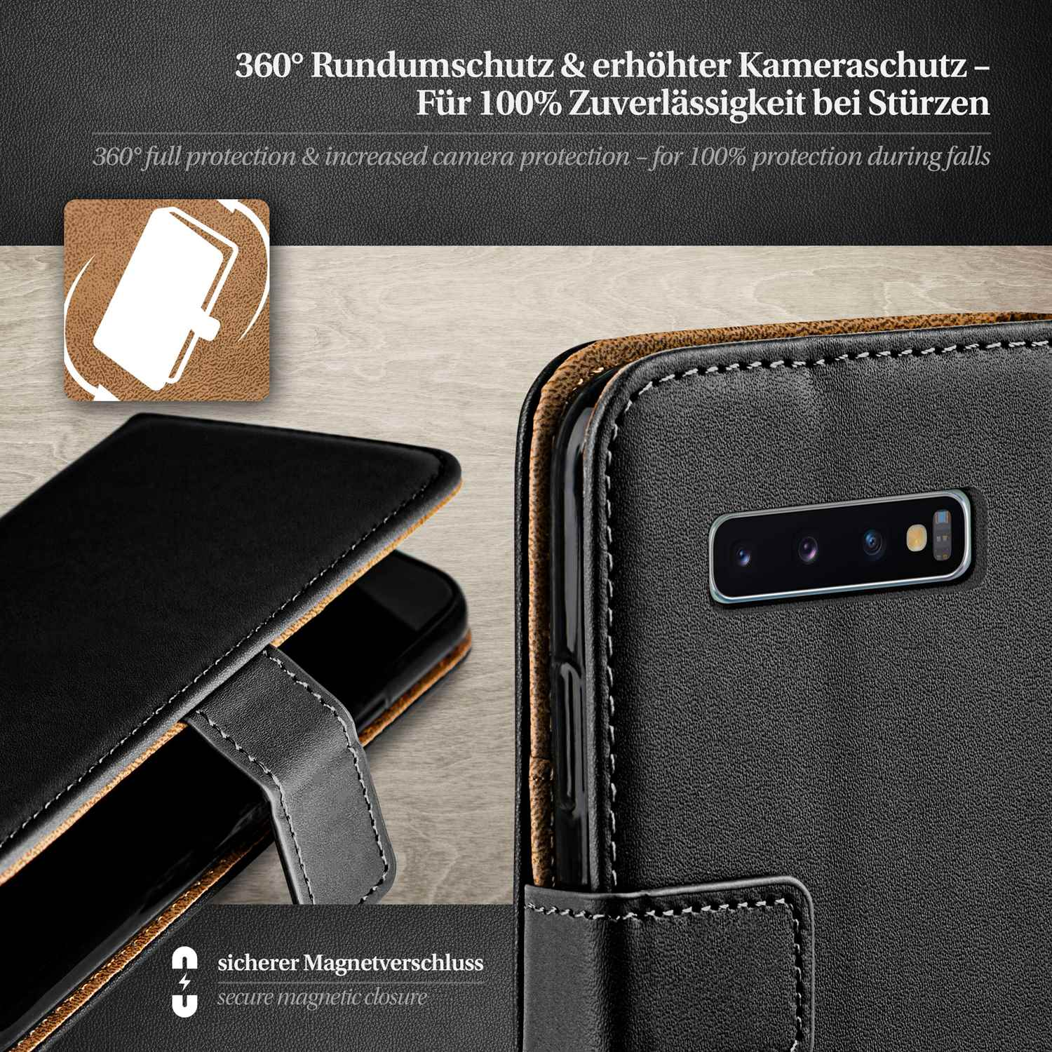 Schwarze Leder-Handyhülle mit Telefon, sicherem Magnetverschluss und Logo.