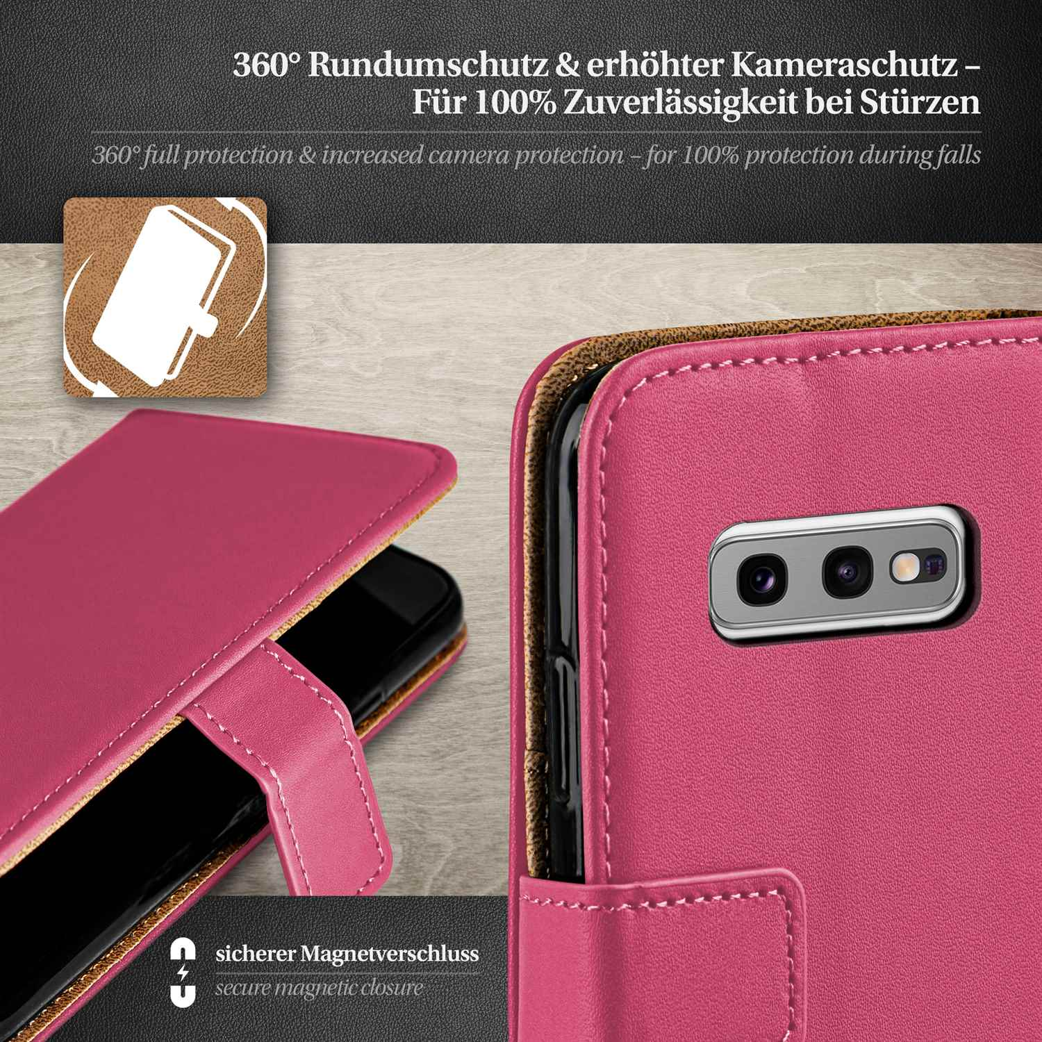 Eine rosa Handyhülle ist geöffnet und zeigt ein Telefon. Die Rückseite zeigt den Kamera Bereich.