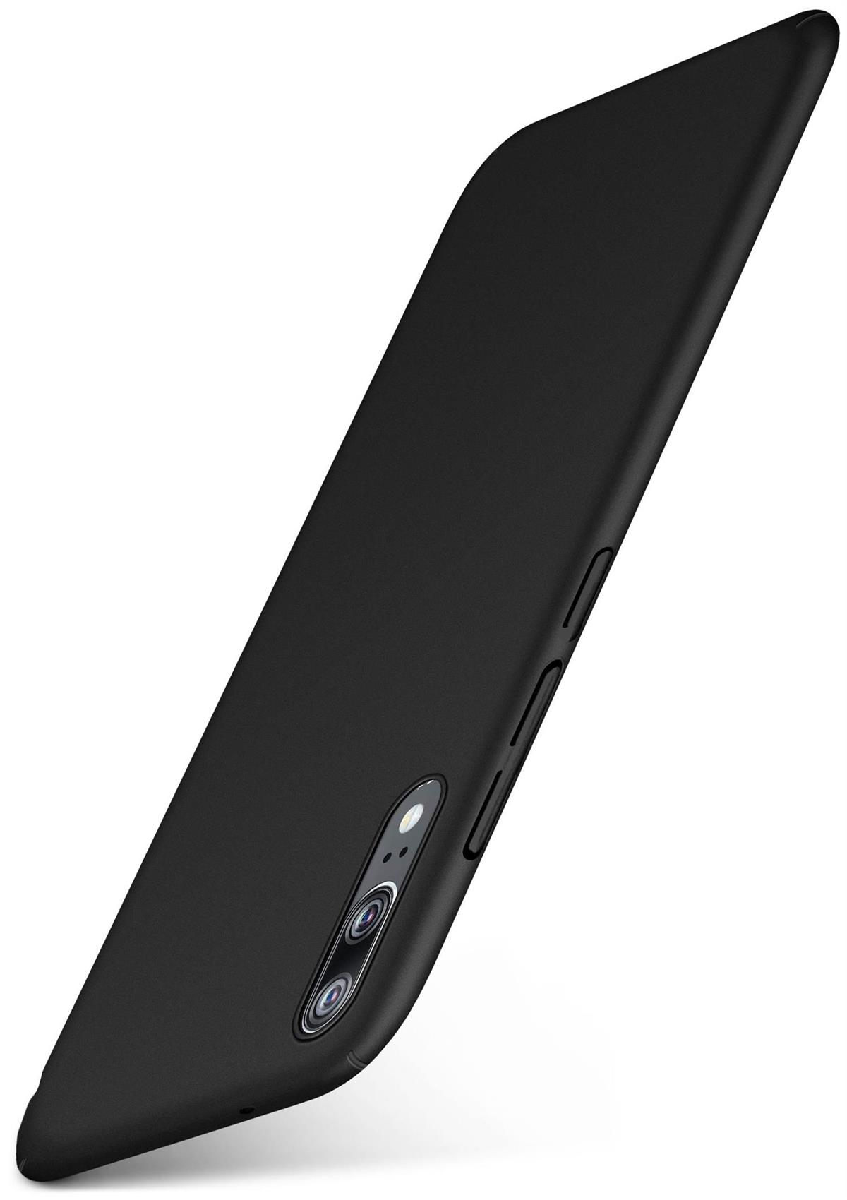 Schwarzes Telefon schräg auf Weiß. Zwei Kameralinsen. Weißer Hintergrund.
