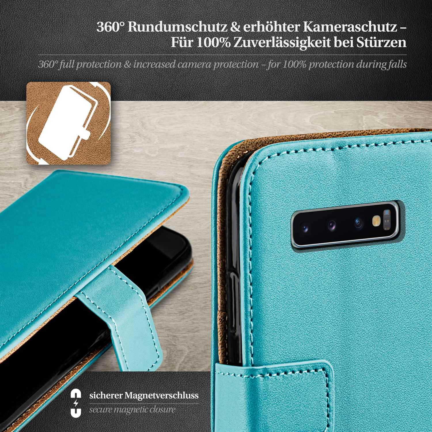 Eine türkisfarbene Handyhülle mit einem Telefon darin, die einen Magnetverschluss und Text zeigt.