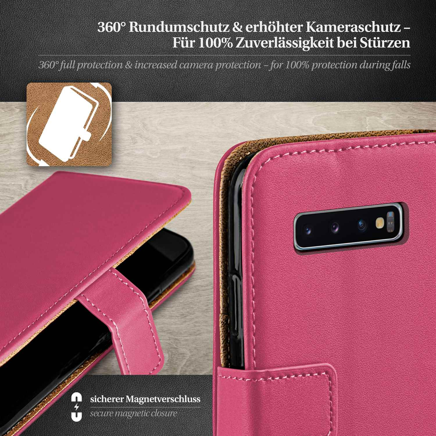 Rosa Handyhülle mit Telefon. Text erwähnt Schutz und Kamerafunktionen.