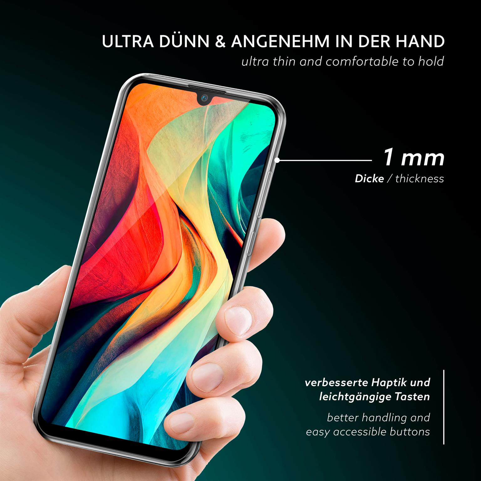 Hand hält ein Telefon mit klarer Hülle, das die Dünnheit des Telefons (1 mm) hervorhebt.