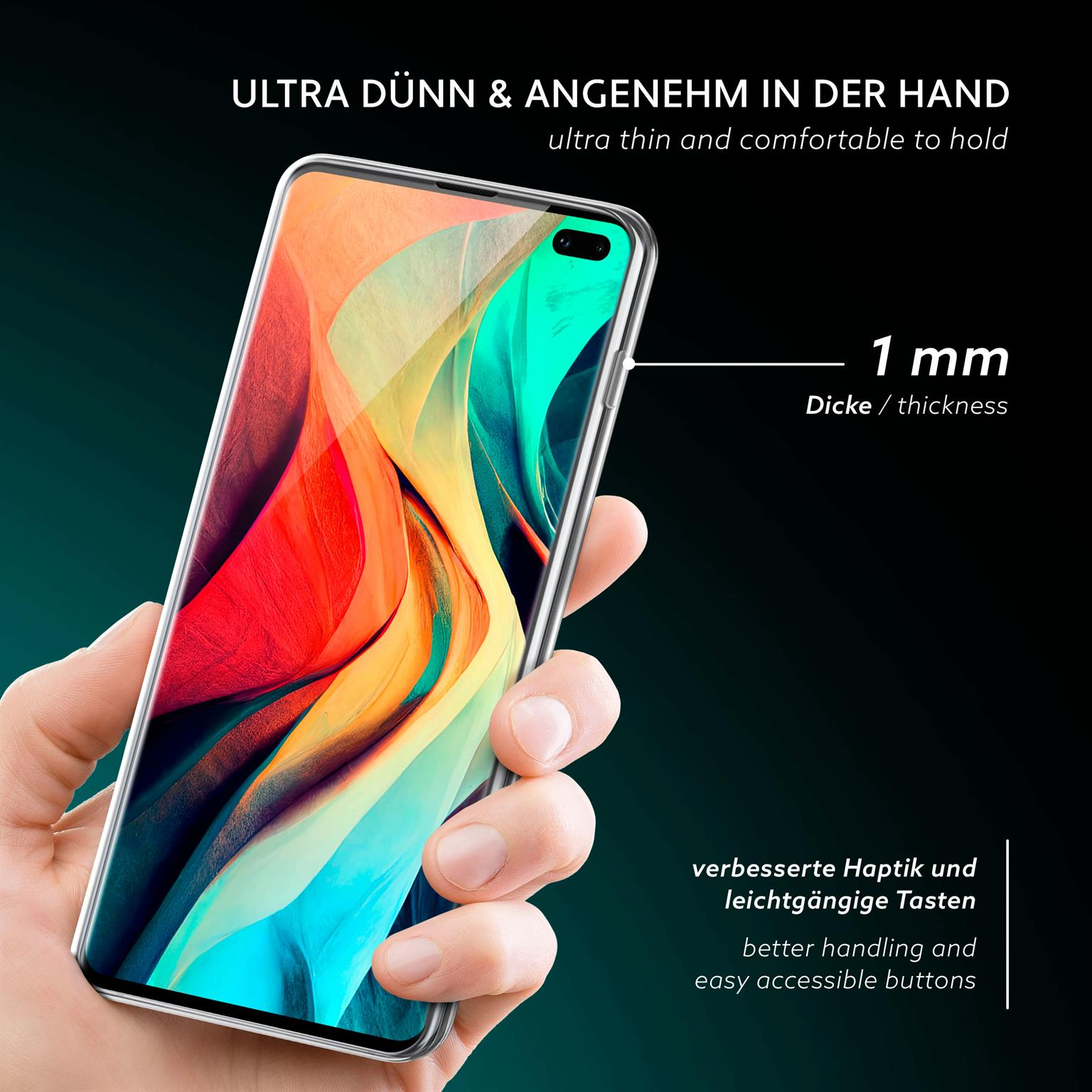 Hand hält Telefon mit klarer Hülle. 1 mm Dicke wird angezeigt.