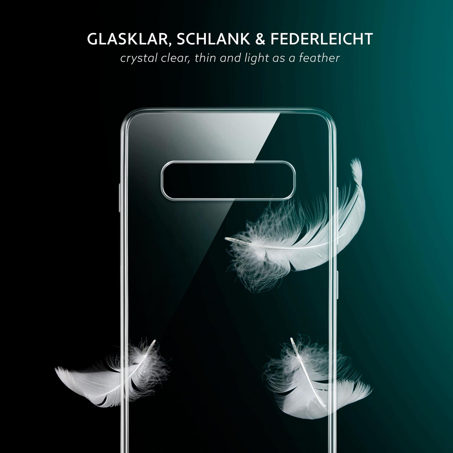 Transparente Handyhülle mit drei weißen Federn, die daneben schweben. Schwarz-grüner Hintergrund.