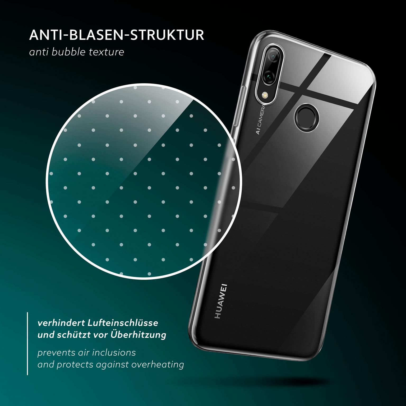 Transparente Handyhülle auf schwarzem Telefon mit Blasenstruktur, verhindert Lufteinschlüsse.