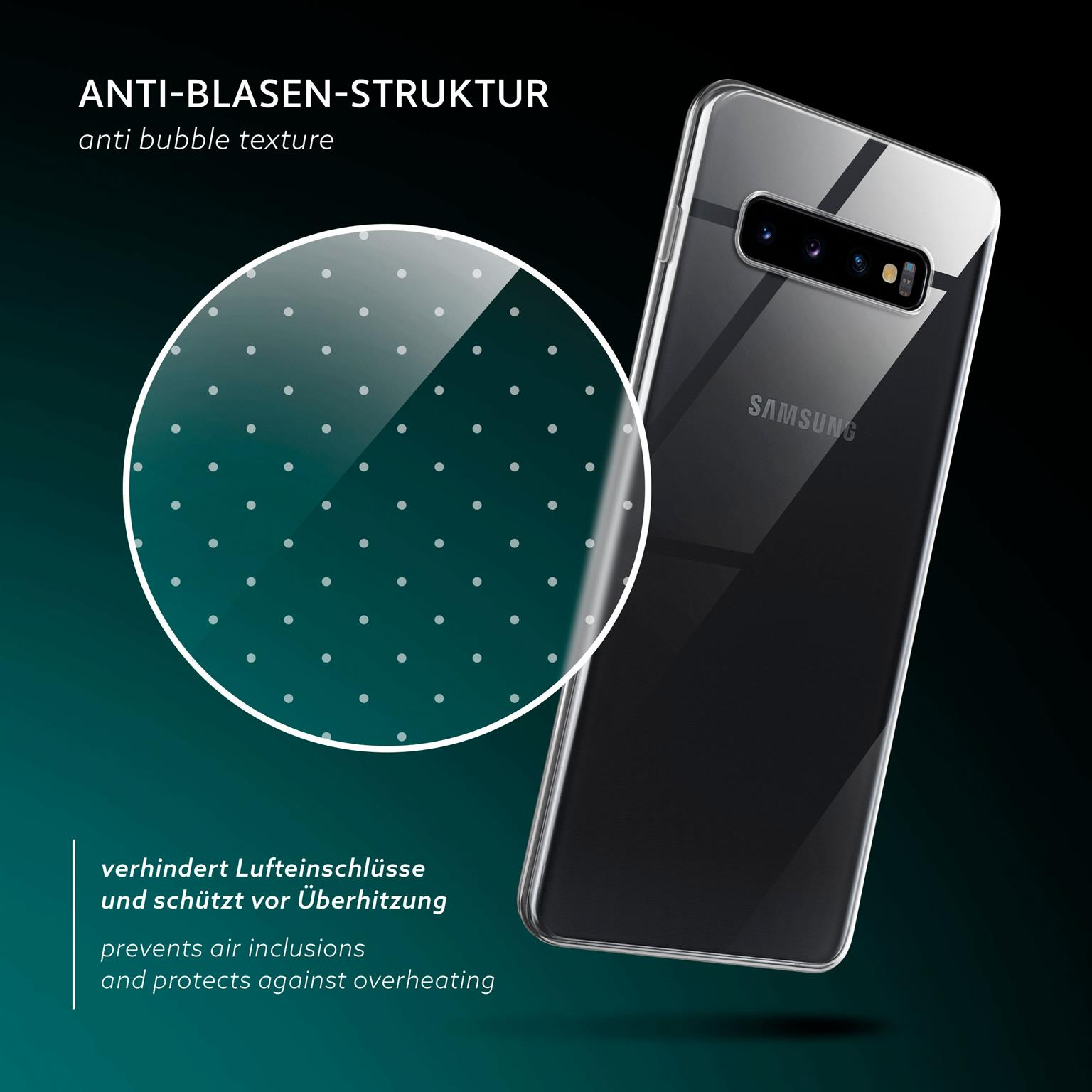 Eine Handyhülle über einem Telefon, mit einem Kreis, der die Blasentextur und die Kamera eines Telefons zeigt.
