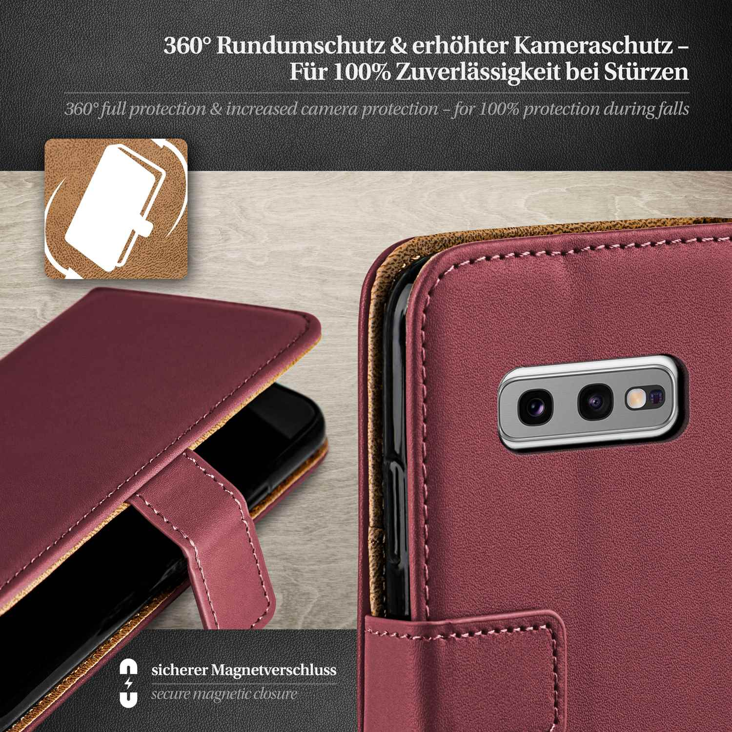 Burgunderfarbene Handyhülle mit Nähten. Das Telefon ist innen. Ein Magnetverschluss ist gezeigt.