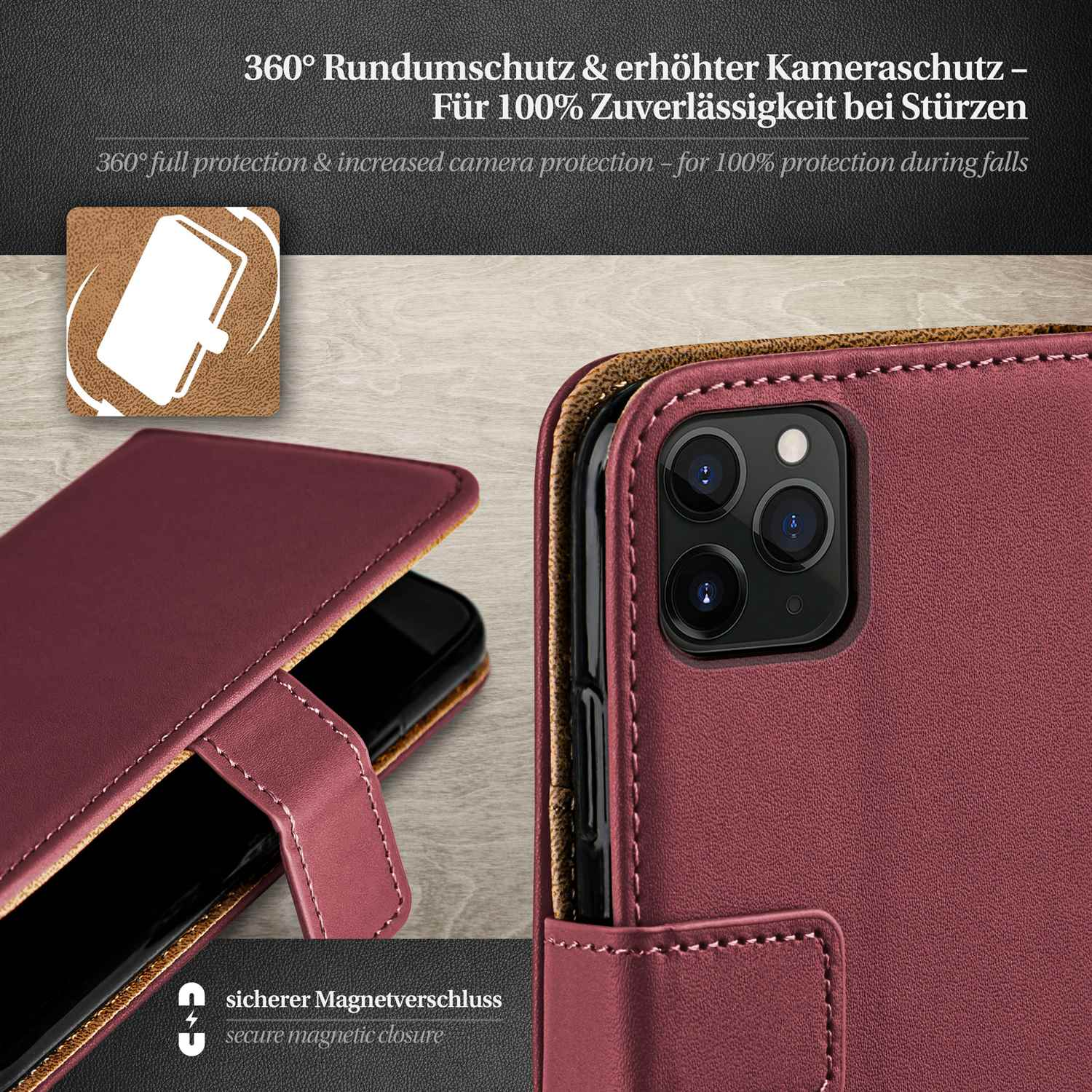 Rote Handyhülle mit Telefon. Magnetverschluss und Kamera sichtbar.