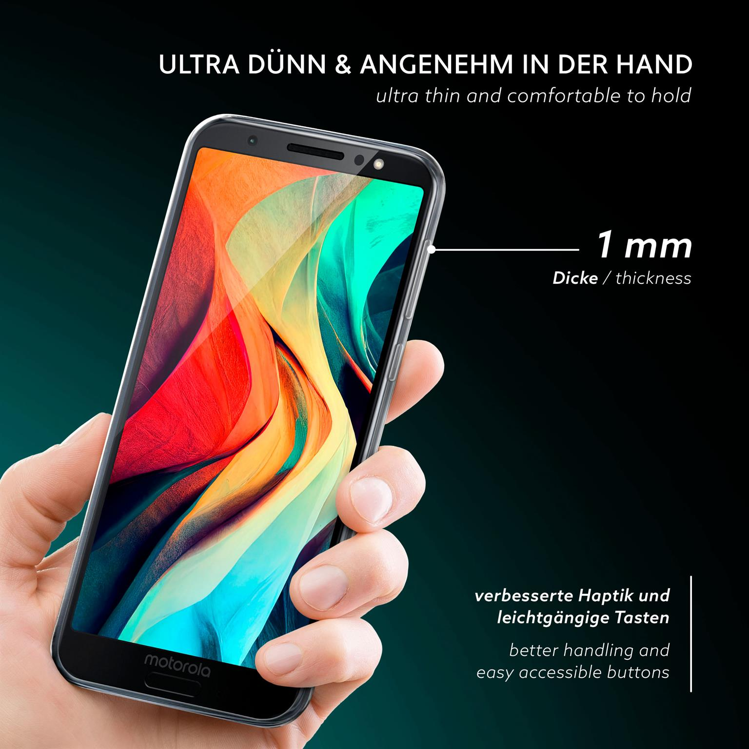 Eine Hand, die ein Telefon hält. Das Telefon befindet sich in einer transparenten Hülle. Der Hintergrund ist dunkelgrün.