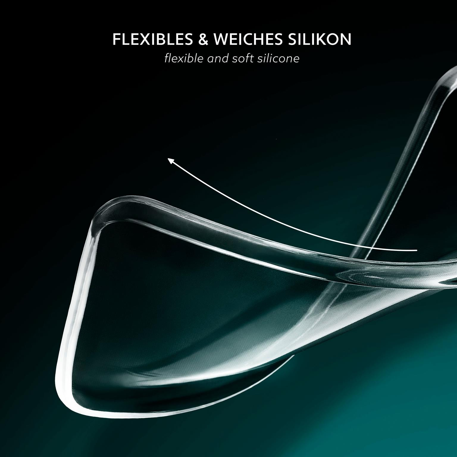 Transparente Silikonhülle mit geschwungenem Design, mit Text über Flexibilität und Weichheit.