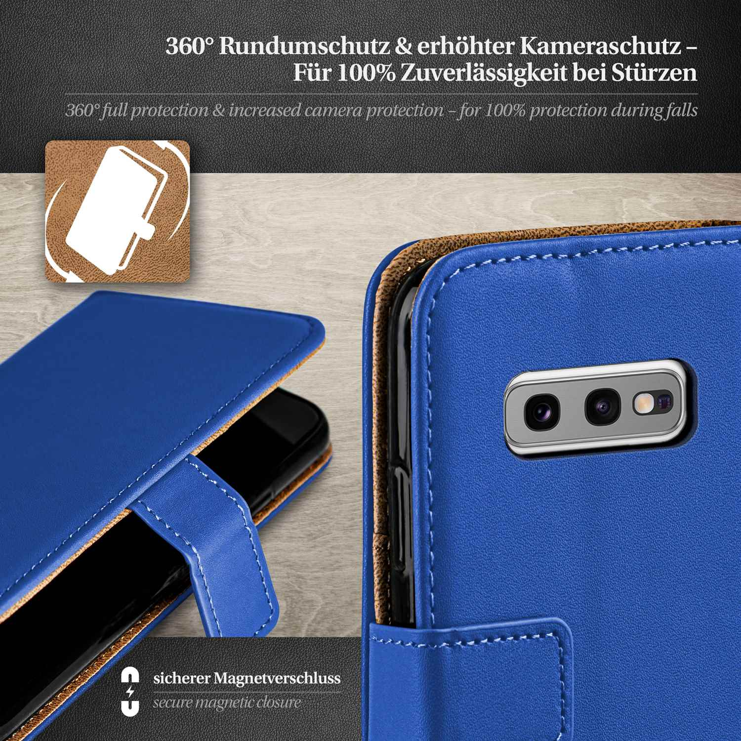 Offene blaue Handyhülle mit Telefon. Das Telefon hat einen Bildschirm, und ein sicherer Magnetverschluss ist gezeigt.
