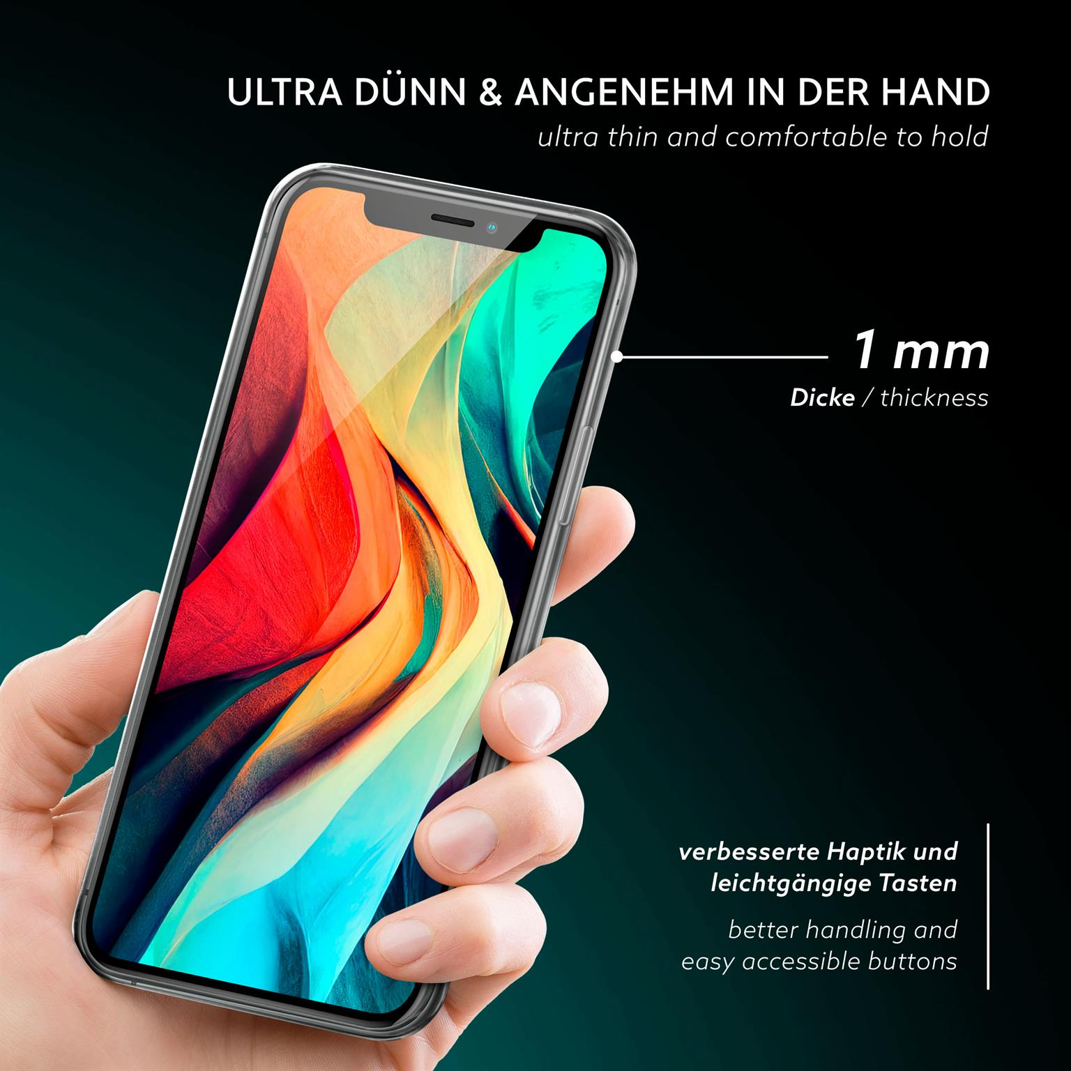 Hand hält transparente Handyhülle mit Telefon, Dicke und Tasten werden gezeigt.