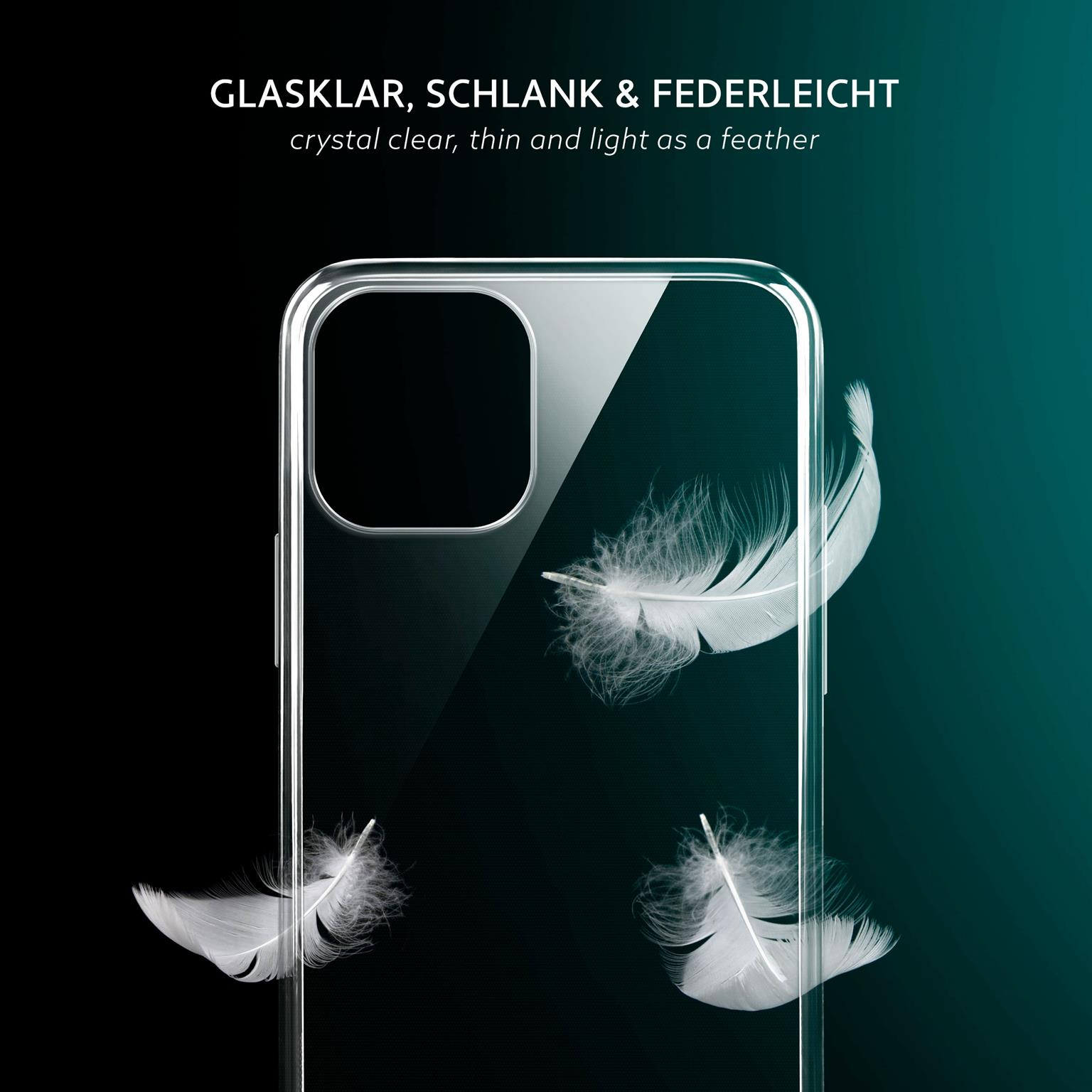 Transparente Handyhülle mit schwebenden Federn. Dunkler Hintergrund. Hülle reflektiert Licht, Federn weiß.
