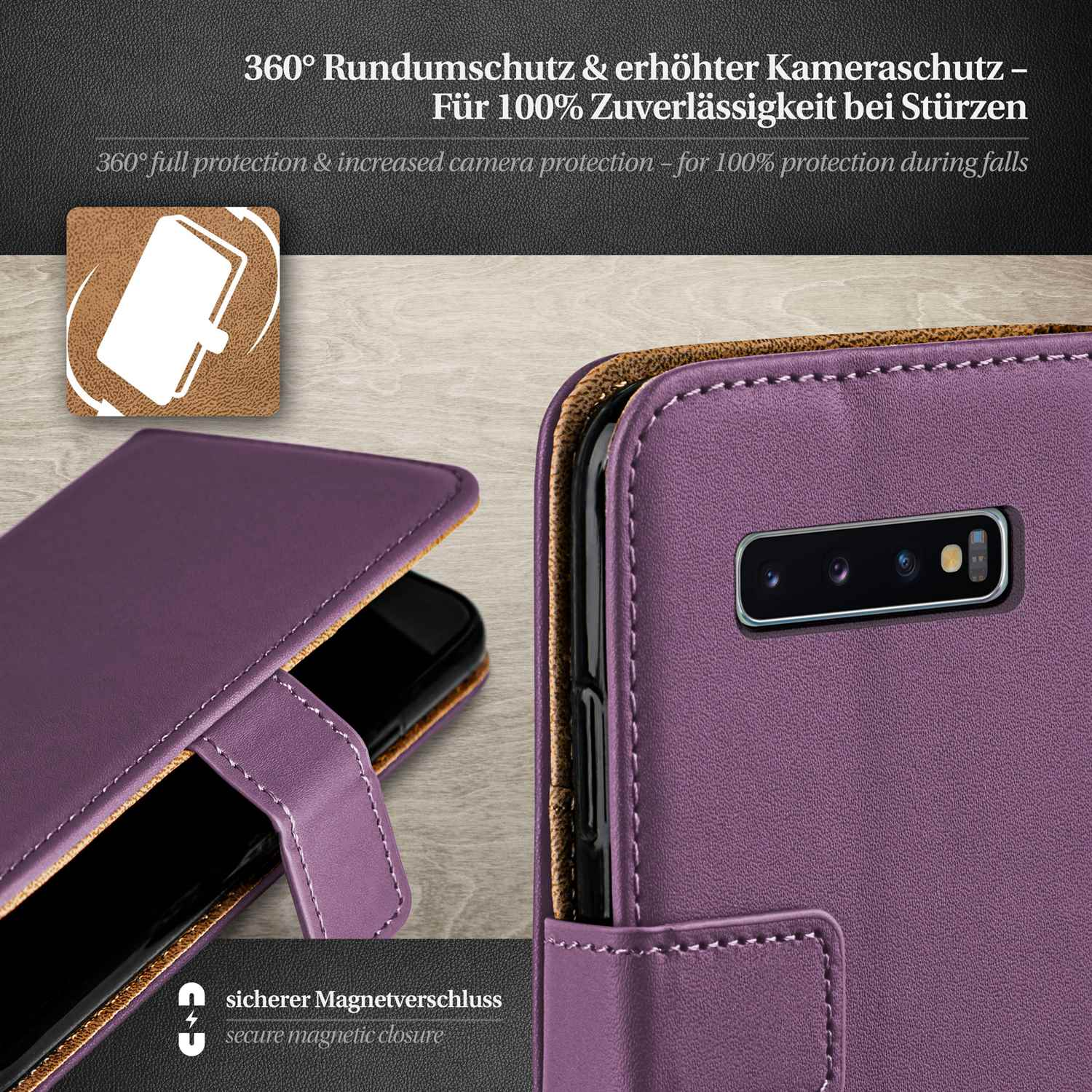 Lila Handyhülle mit Telefon, Nahaufnahme mit Details, Magnetverschluss.