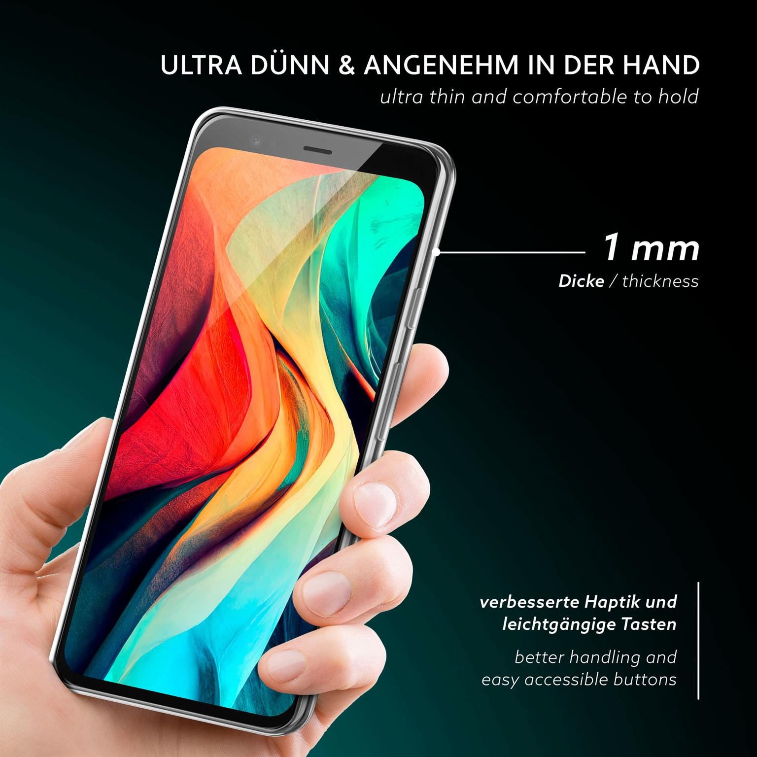 Hand hält ein dünnes Telefon. Das Telefon ist schwarz, mit farbenfrohem Bildschirm, 1 mm dick.