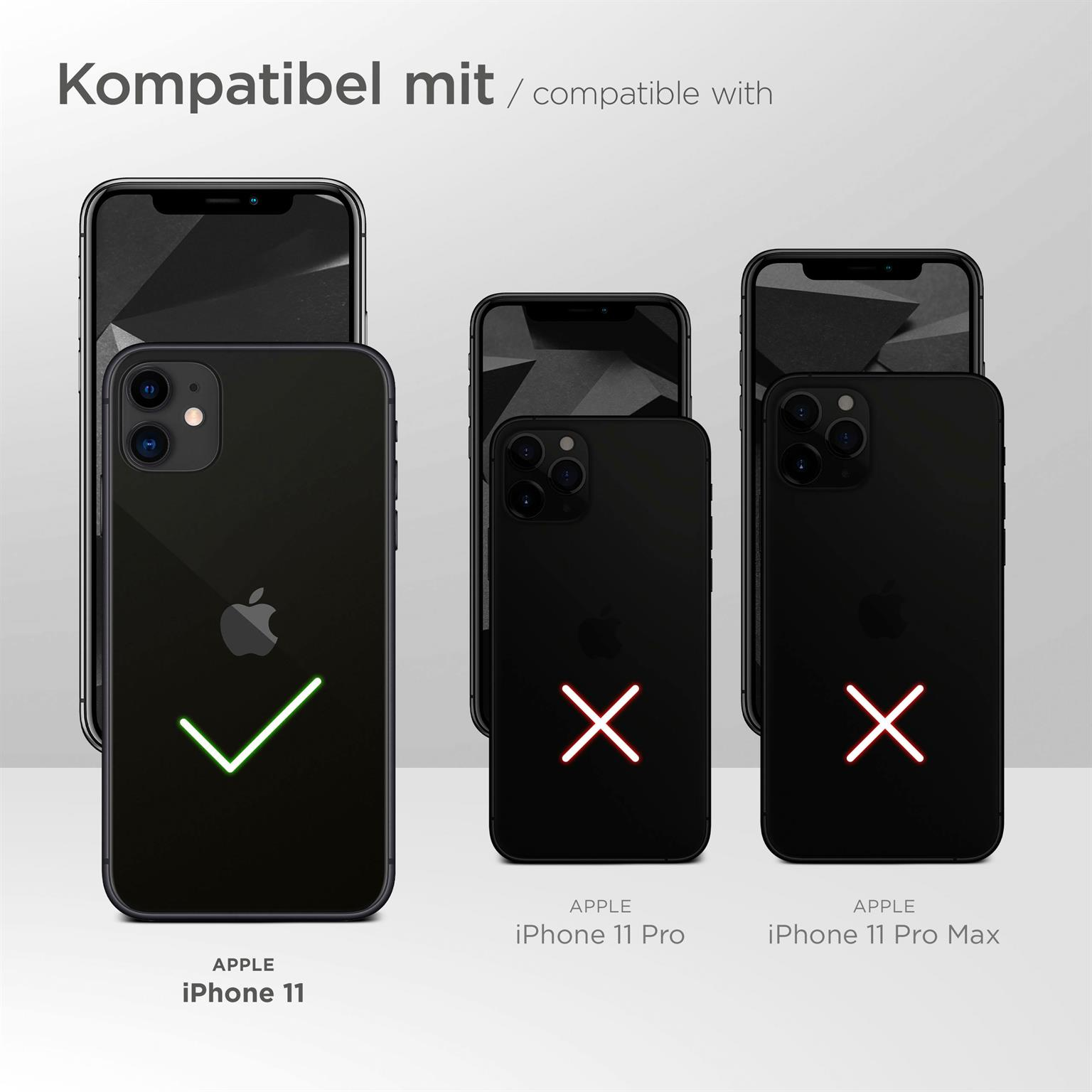 Drei iPhones, eines mit Haken, zwei mit Xs. Die Modelle sind iPhone 11, 11 Pro und 11 Pro Max.
